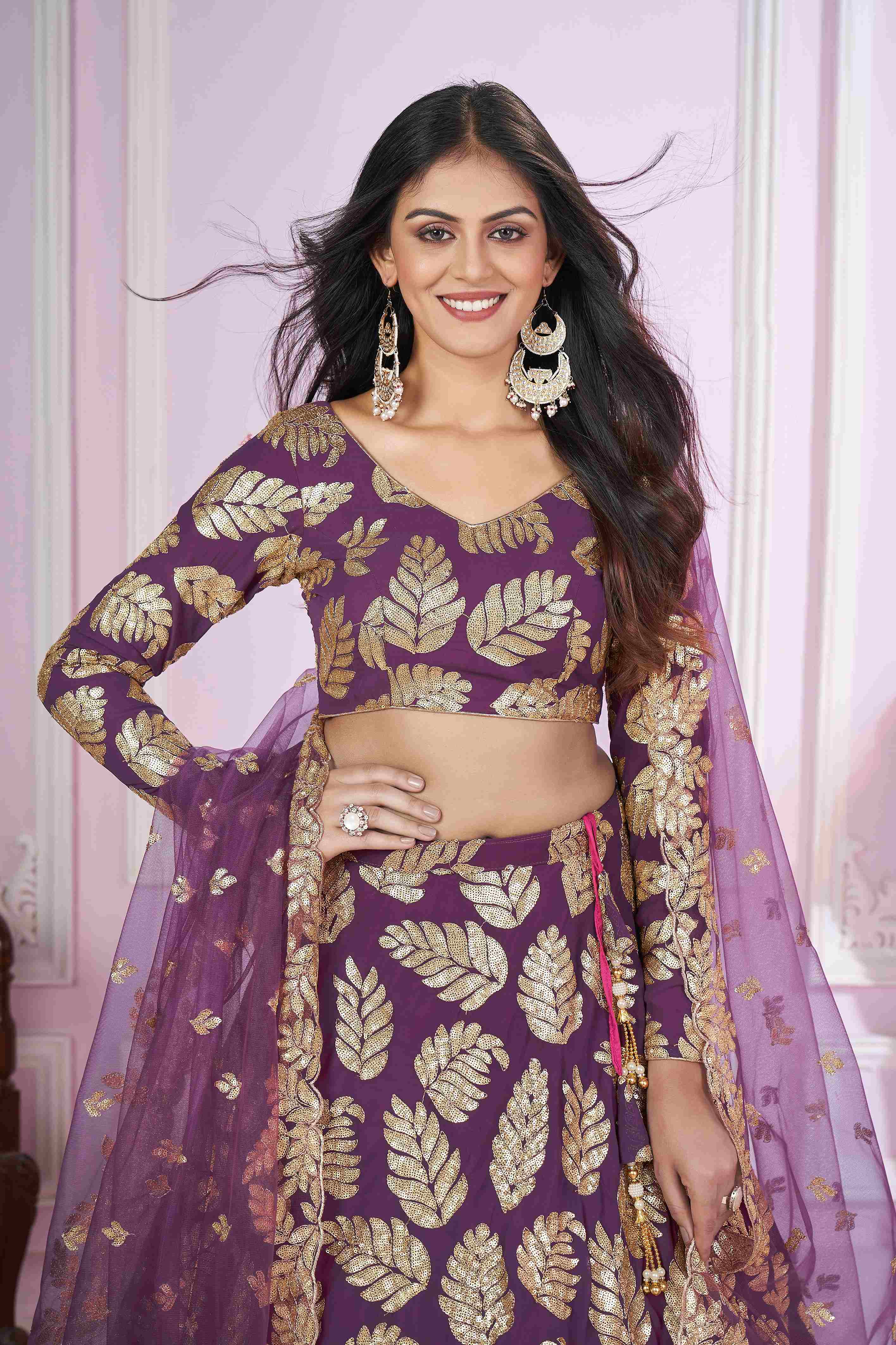 Purple Georgette Sequins Zari Embroidered Lehenga Choli