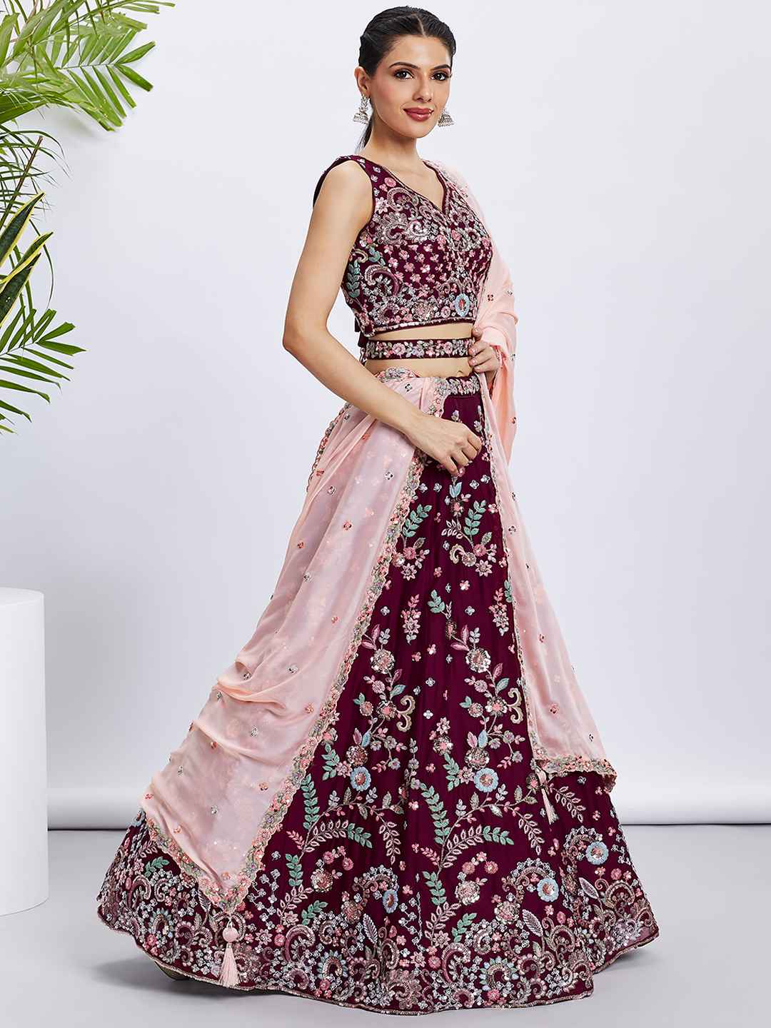 Burgundy Georgette Embroidered Lehenga Choli