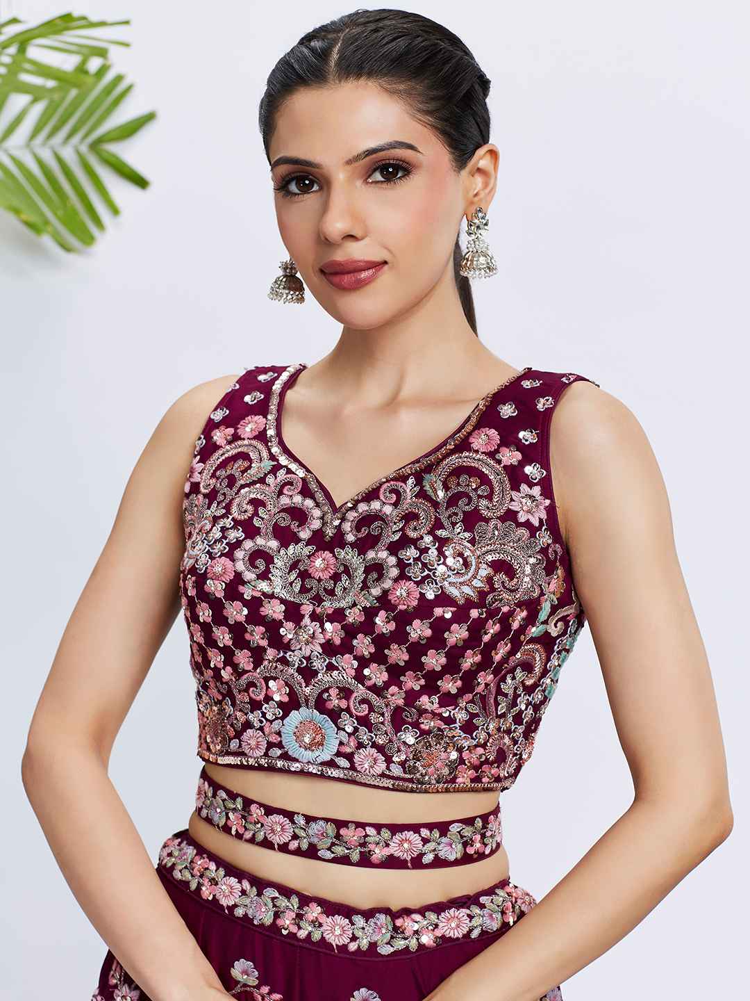 Burgundy Georgette Embroidered Lehenga Choli