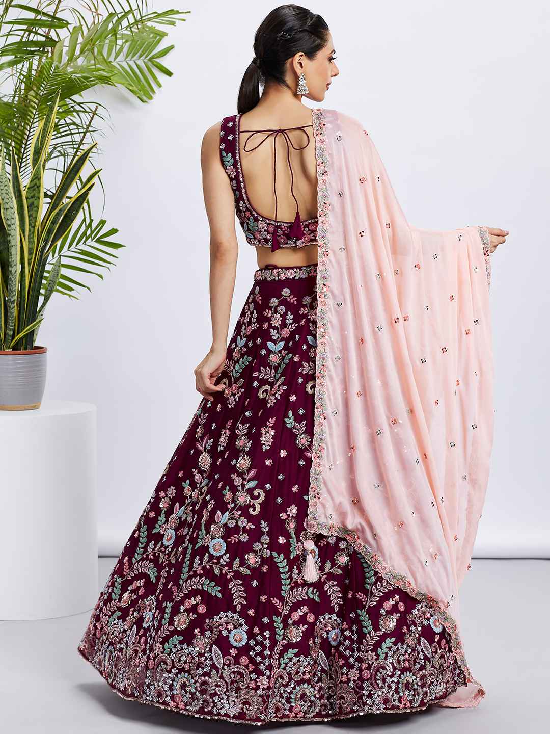 Burgundy Georgette Embroidered Lehenga Choli