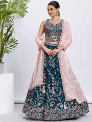 Teal Georgette Embroidered Lehenga Choli