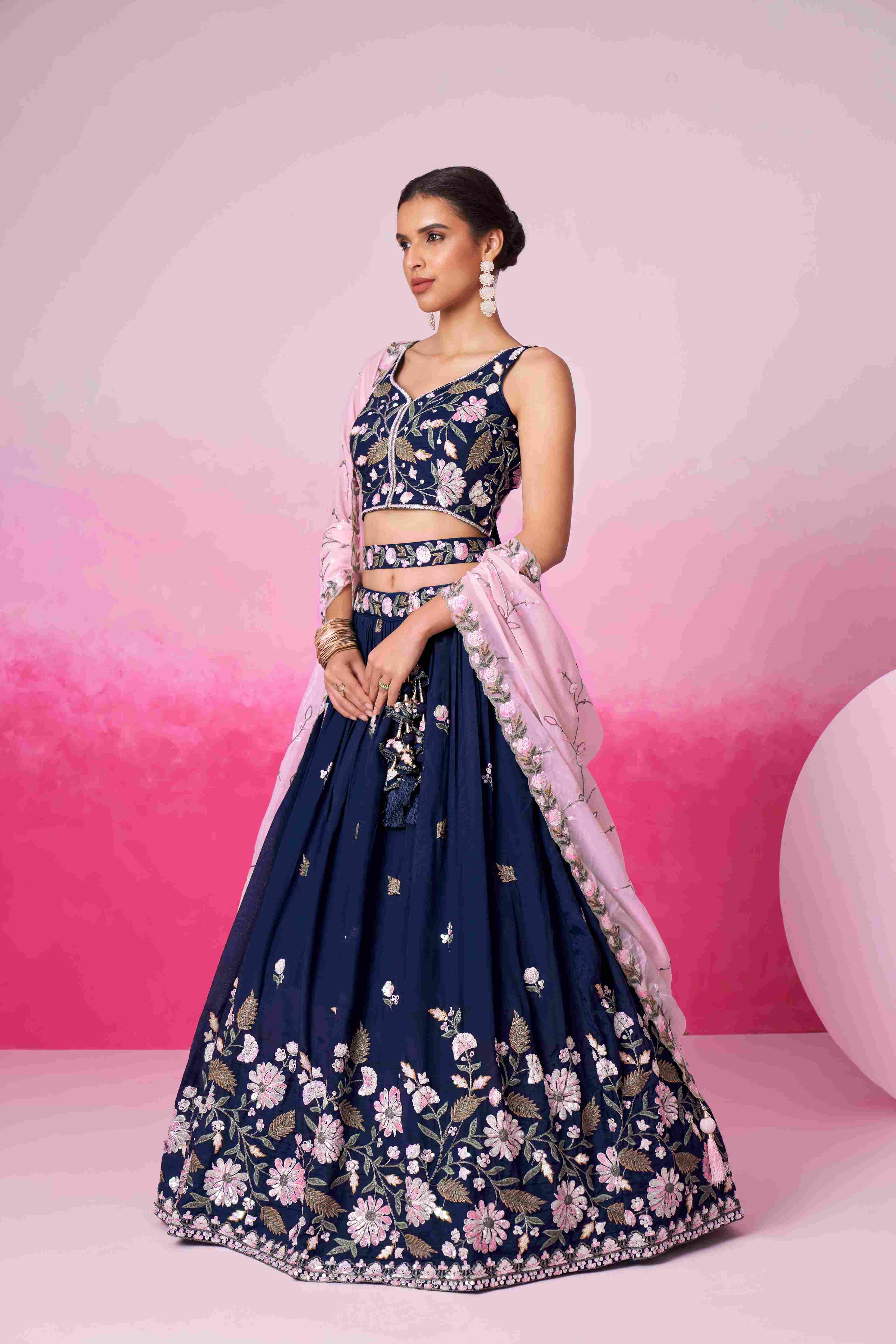 Navy Blue Satin Embroidered Lehenga Choli