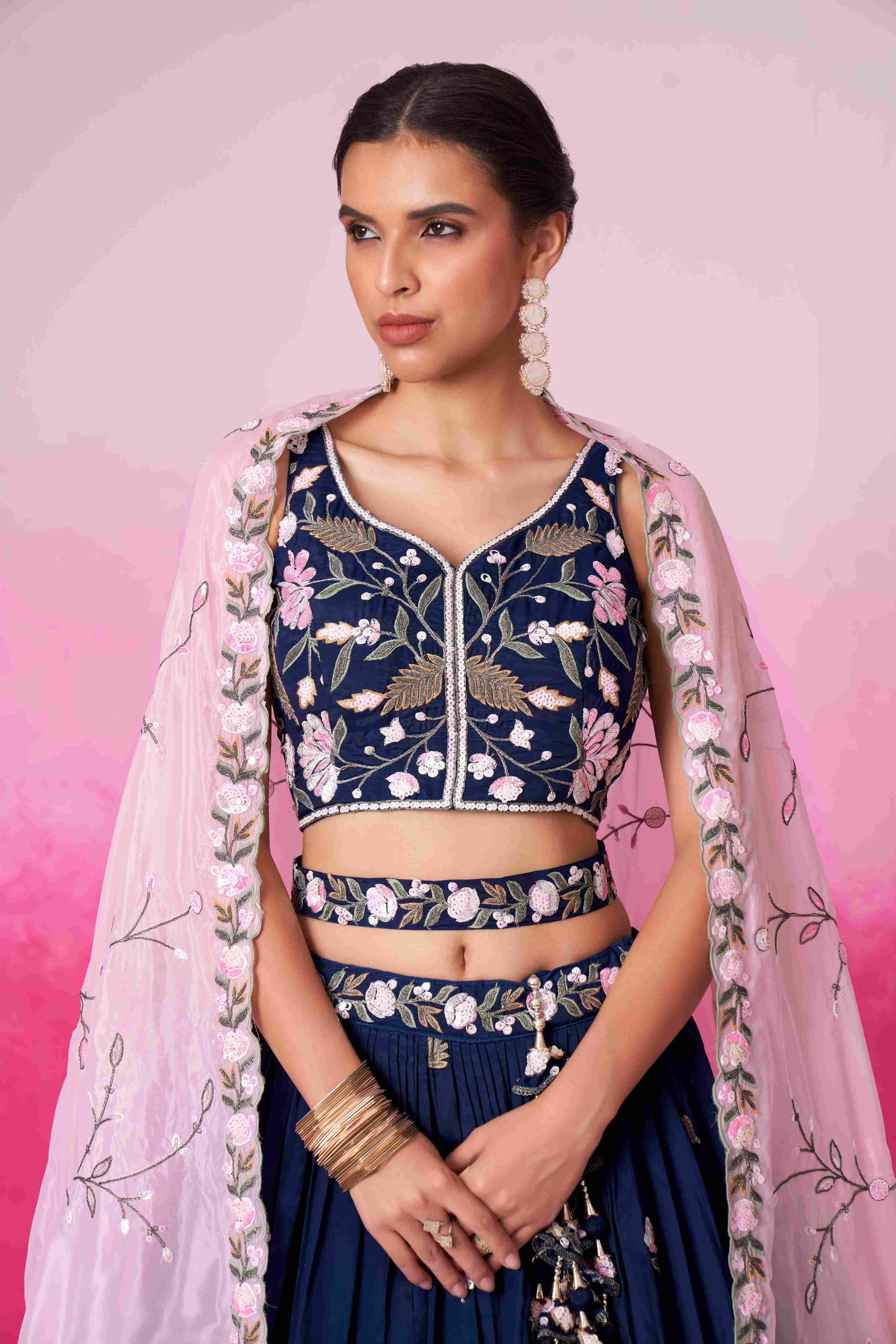 Navy Blue Satin Embroidered Lehenga Choli