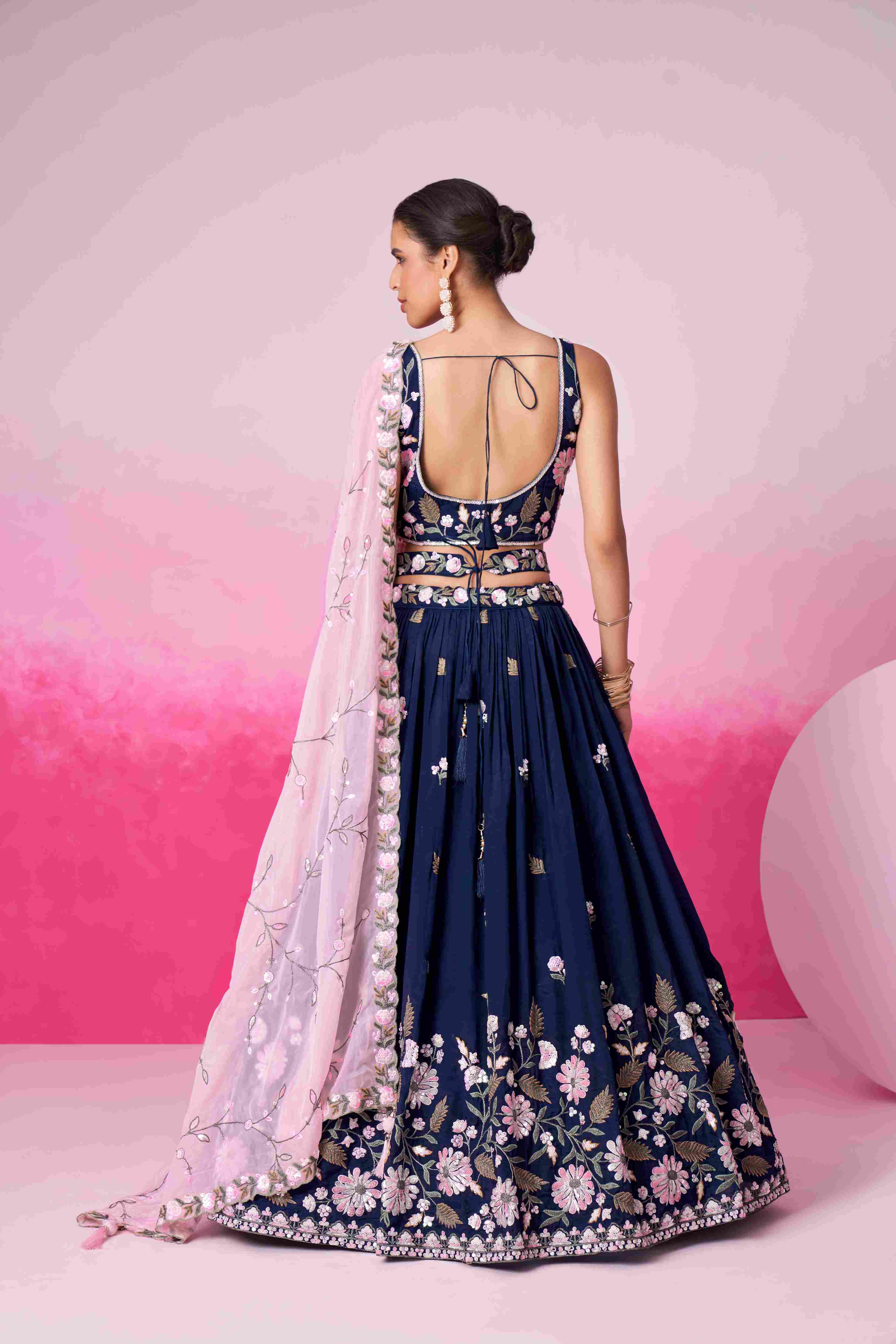 Navy Blue Satin Embroidered Lehenga Choli