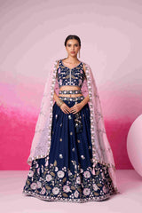 Navy Blue Satin Embroidered Lehenga Choli