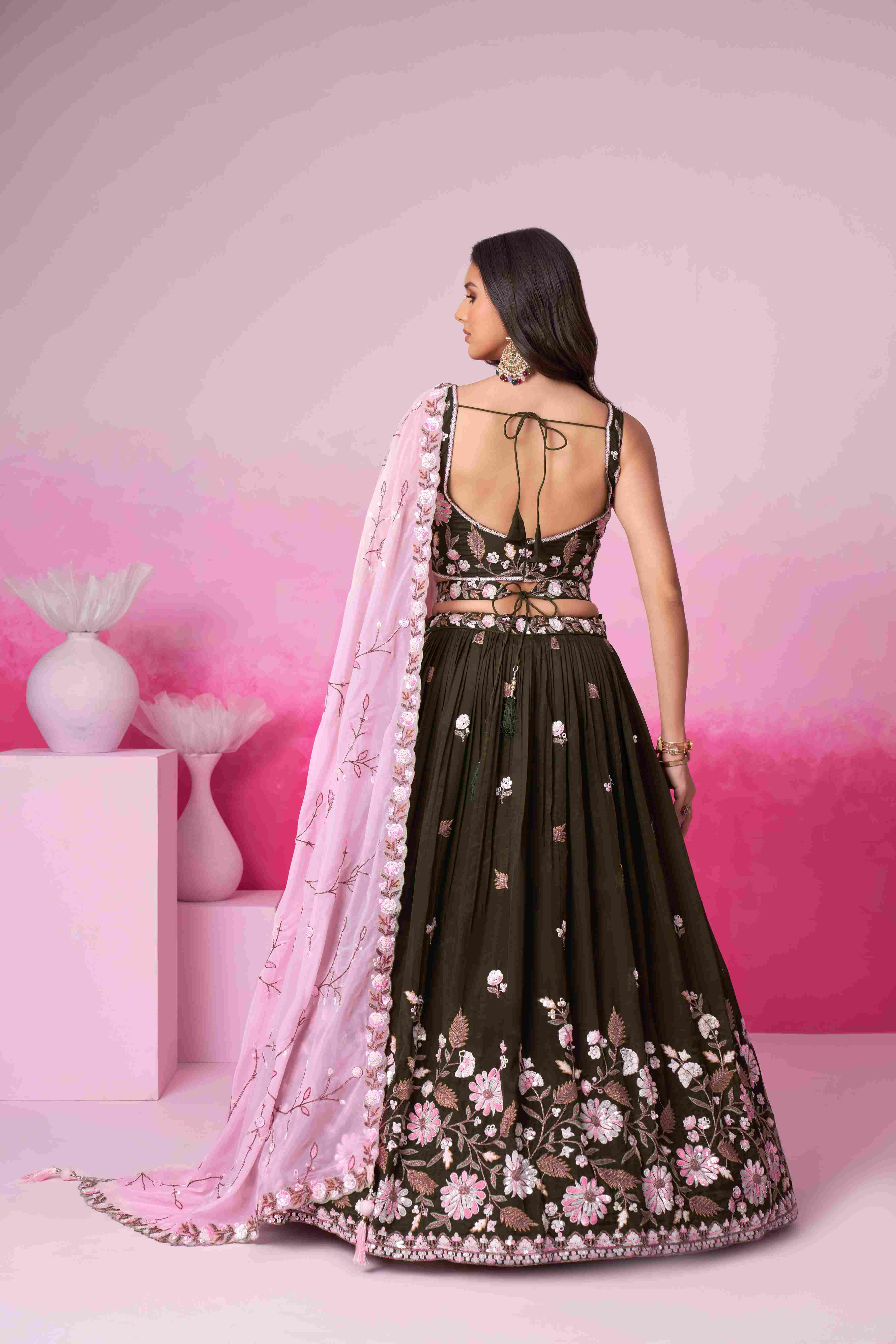 Olive Satin Embroidered Lehenga Choli