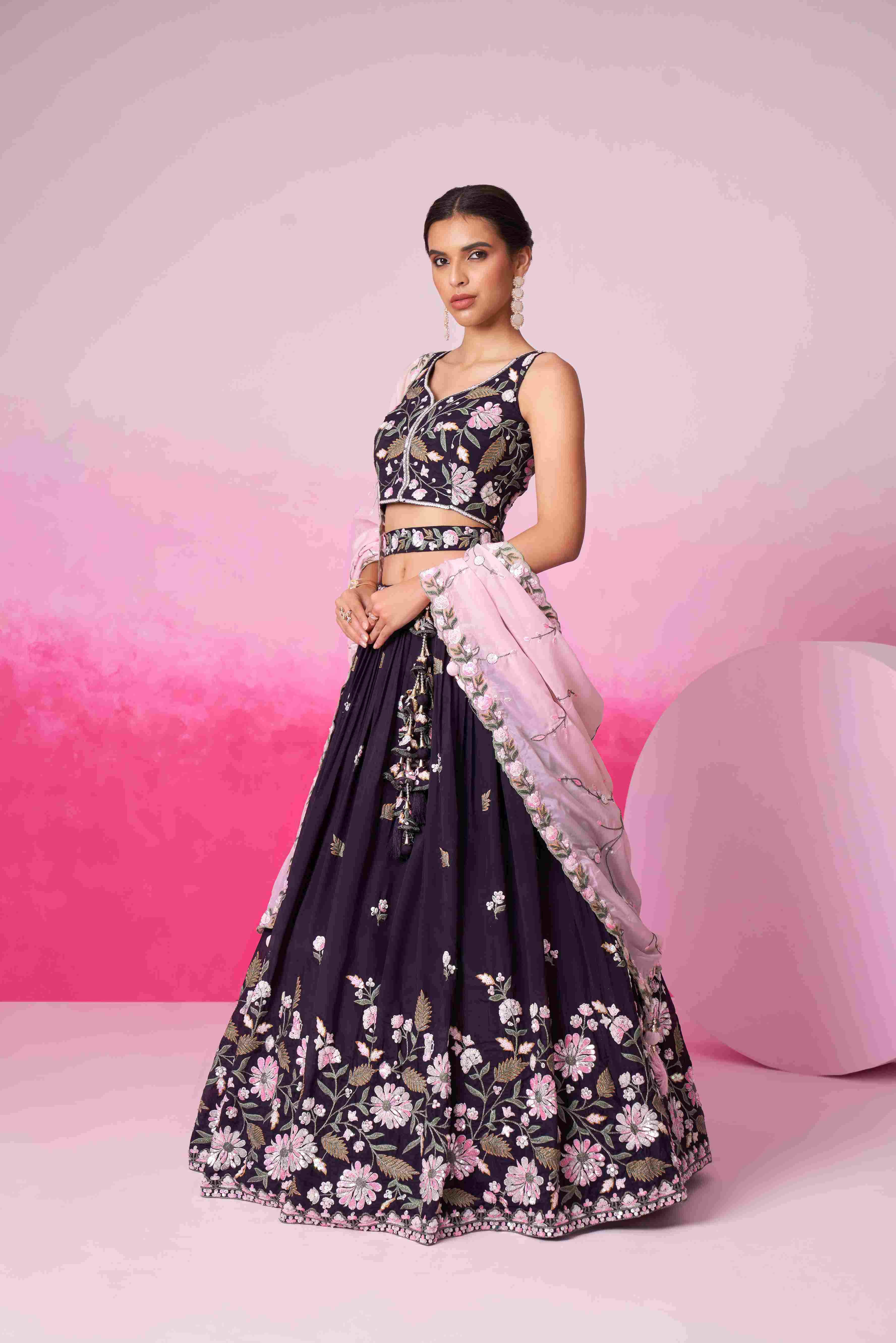 Purple Satin Embroidered Lehenga Choli