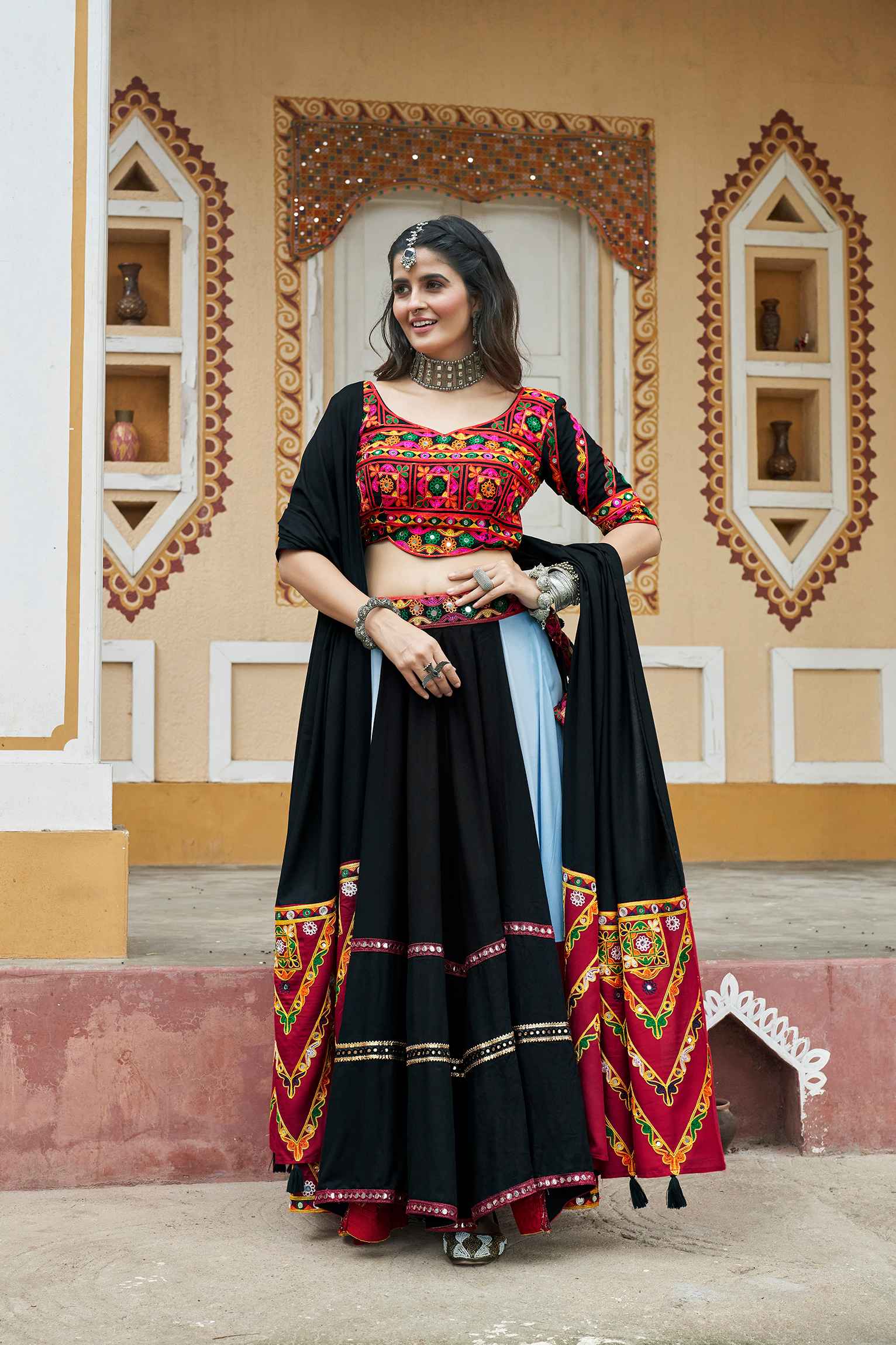 Sky Ready to Wear Viscose Rayon Mirror Embroidered Navratri Lehenga Choli