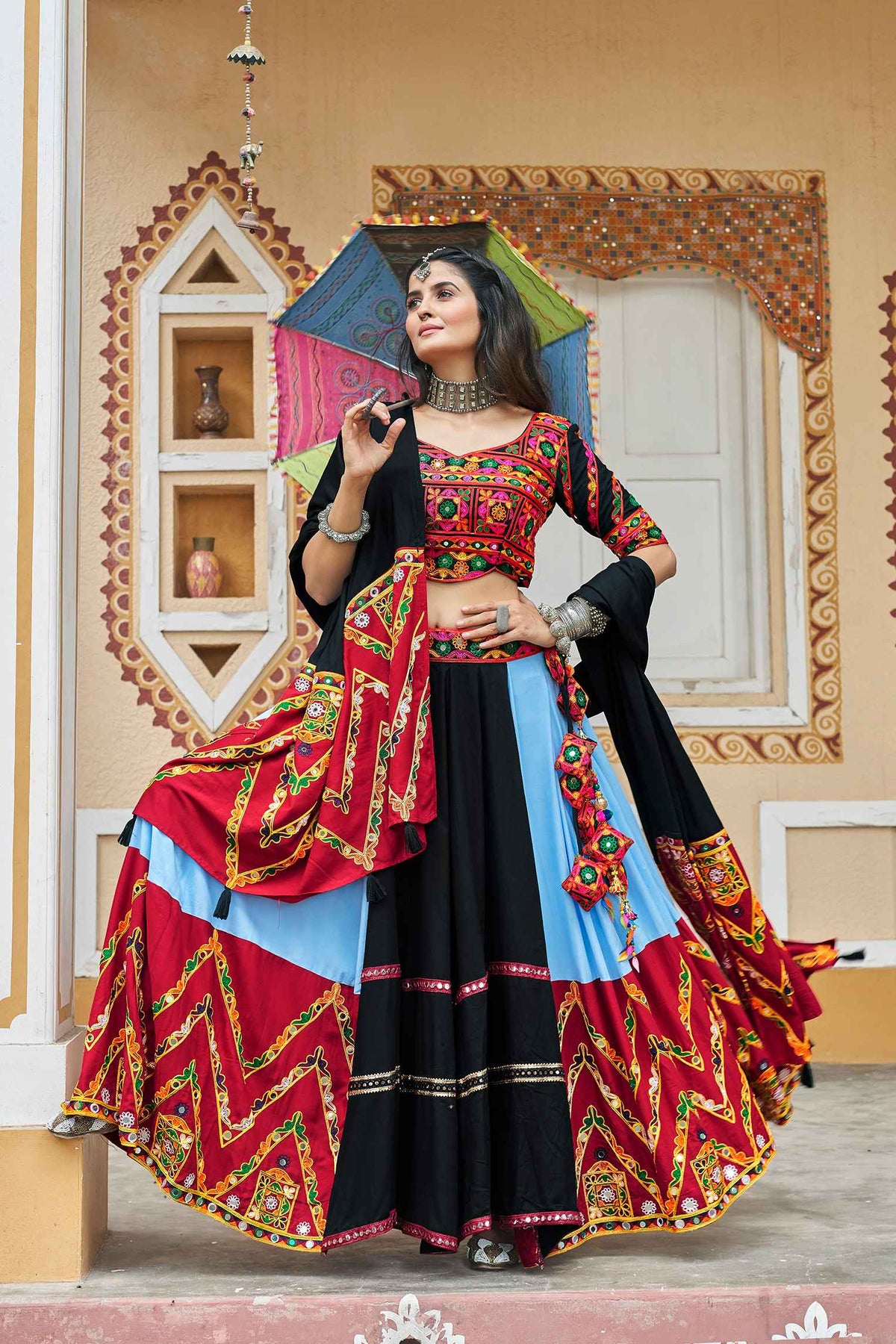 Sky Ready to Wear Viscose Rayon Mirror Embroidered Navratri Lehenga Choli