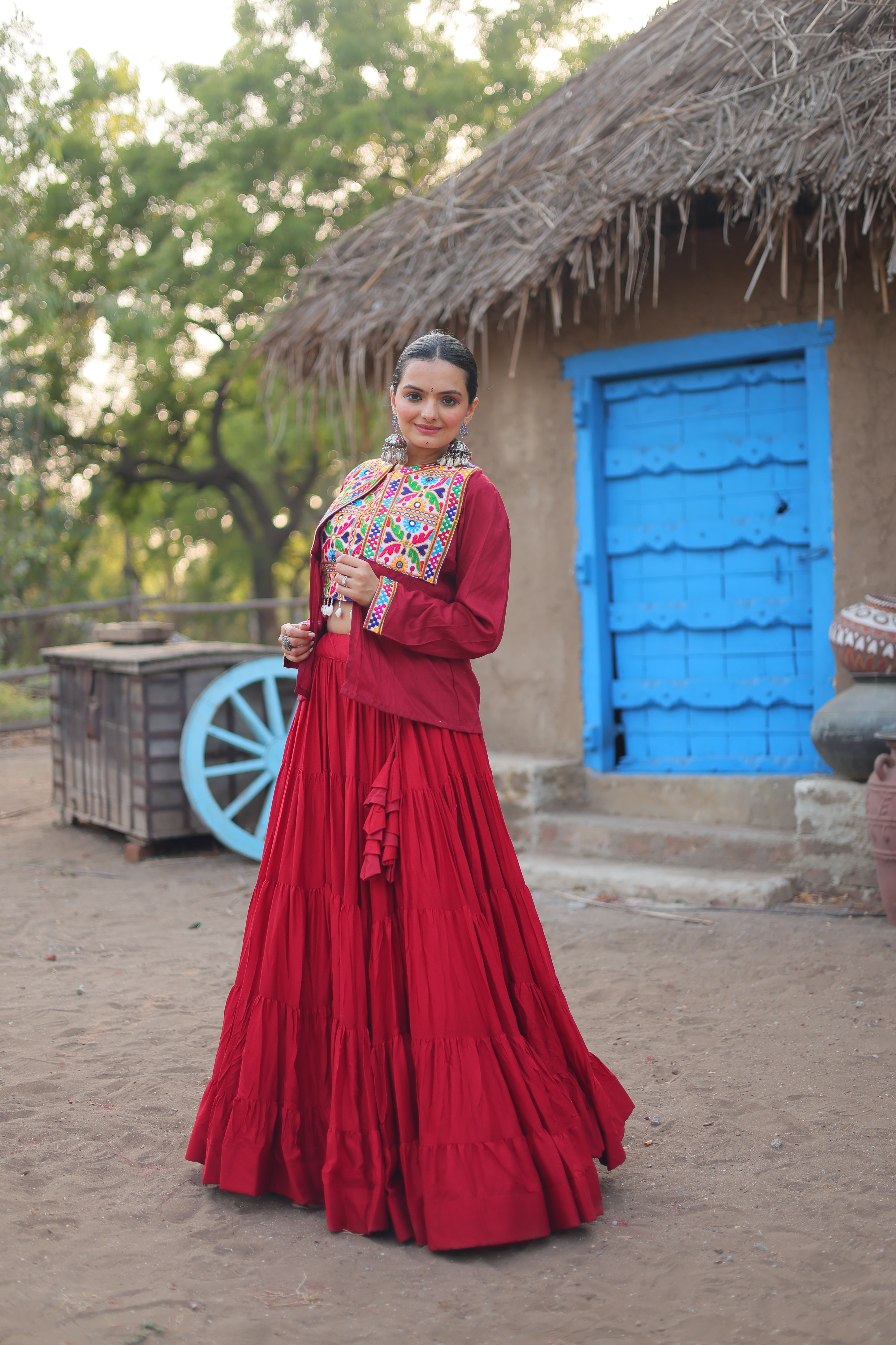 Maroon Ready to Wear Rayon Gamthi Navratri Lehenga Choli With Koti