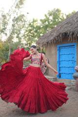 Maroon Ready to Wear Rayon Gamthi Navratri Lehenga Choli With Koti