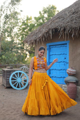 Yellow Ready to Wear Rayon Gamthi Work Navratri Lehenga Choli With Koti