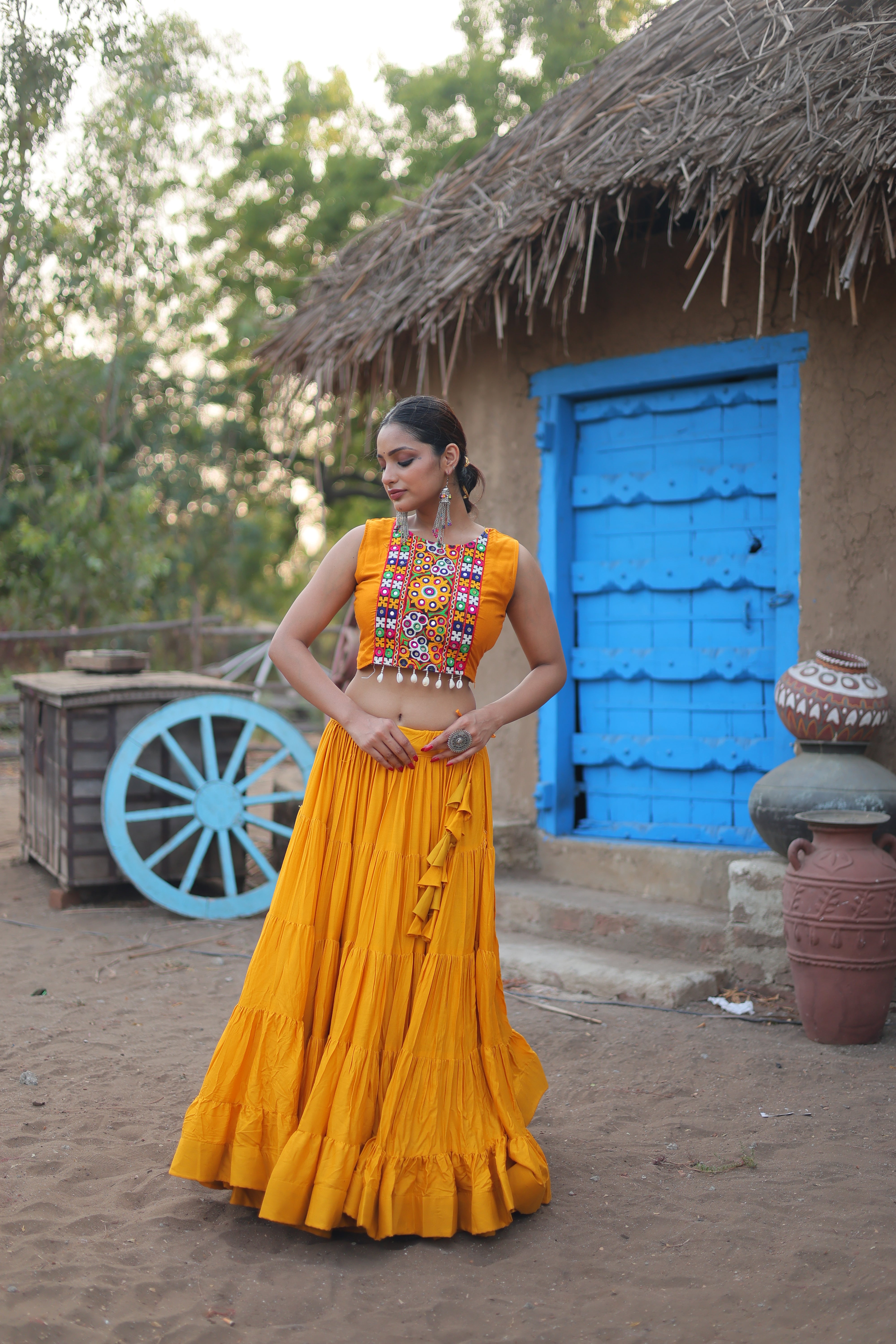 Yellow Ready to Wear Rayon Gamthi Work Navratri Lehenga Choli With Koti