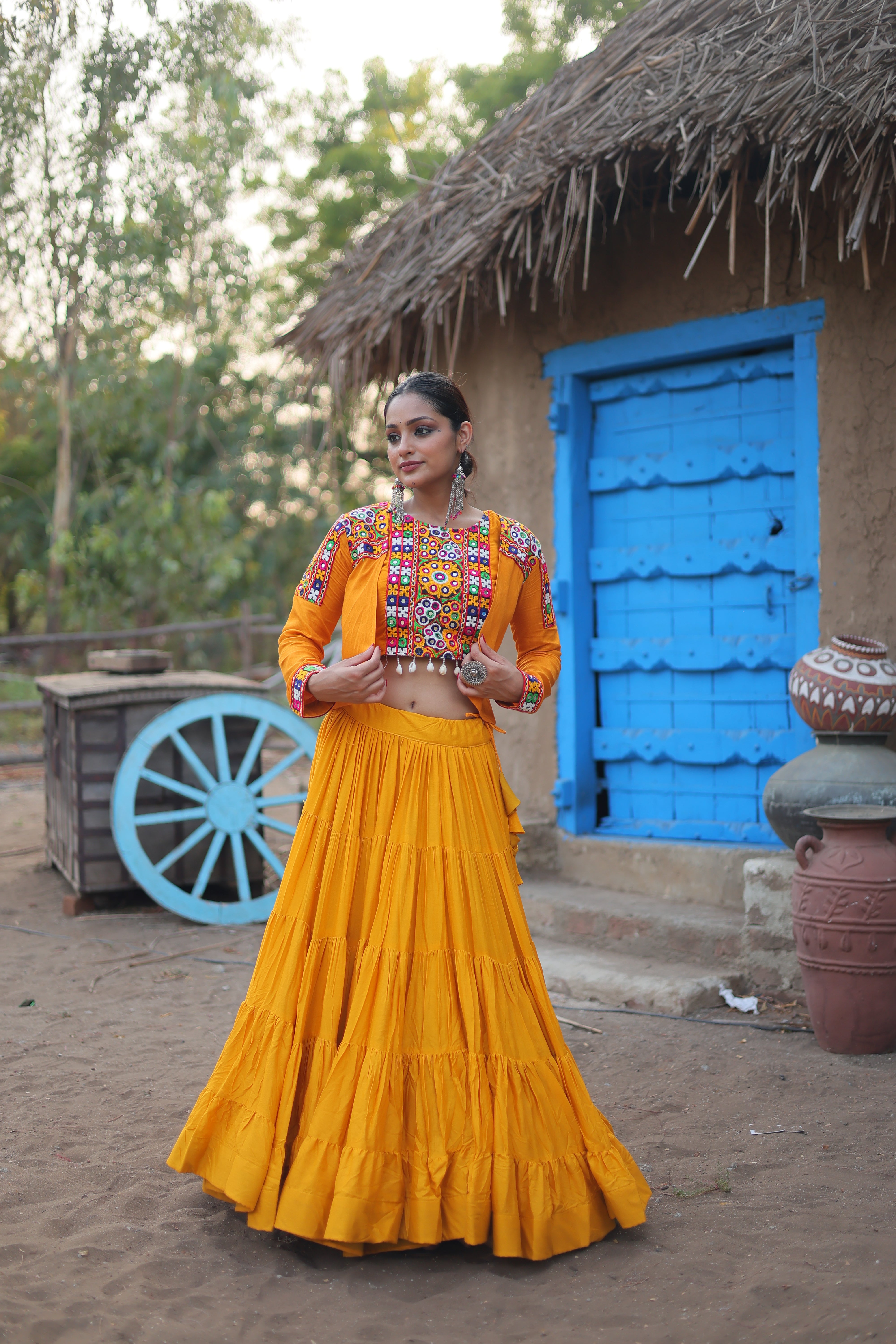 Yellow Ready to Wear Rayon Gamthi Work Navratri Lehenga Choli With Koti