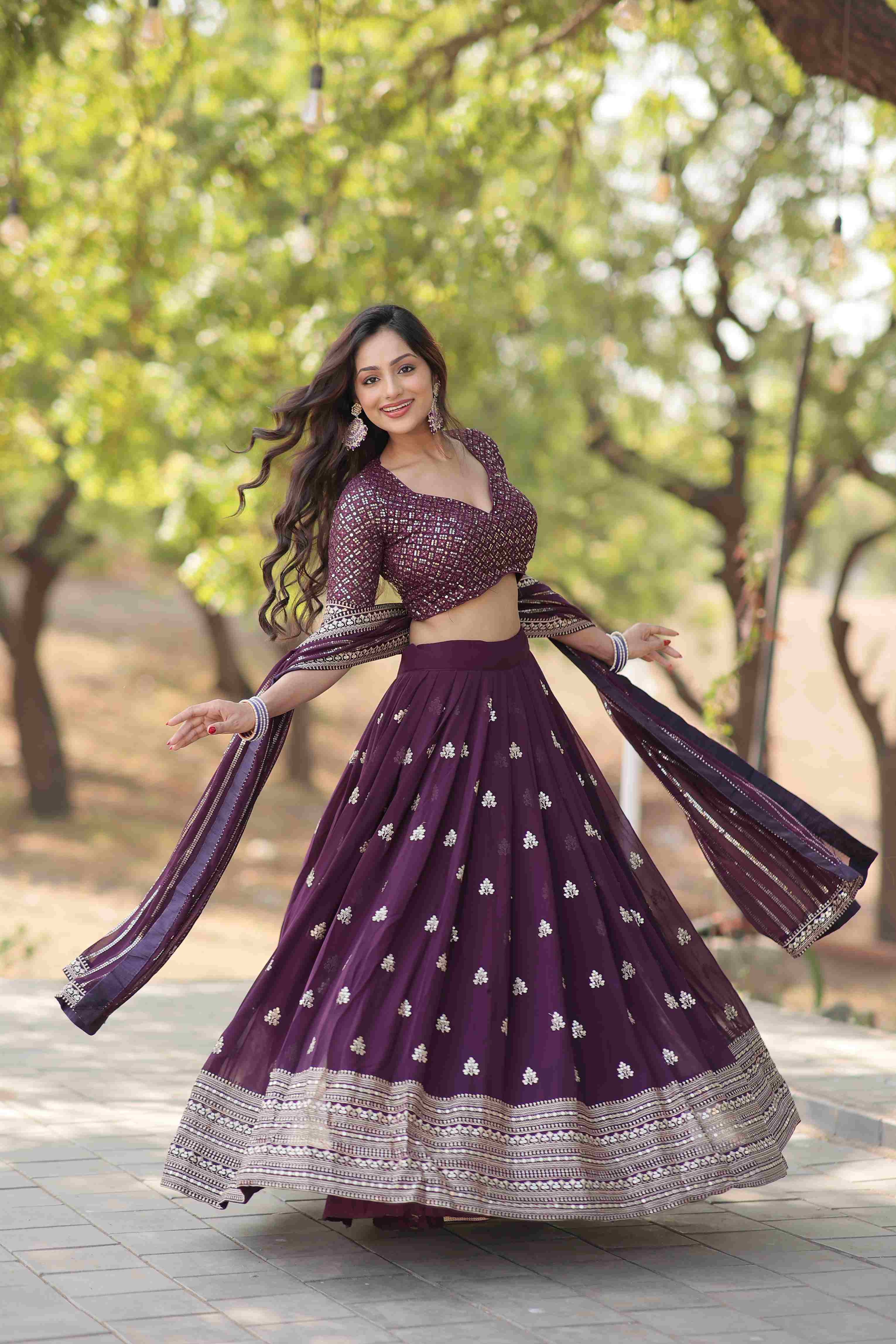 Purple Faux Georgette Sequins Embroidered Lehenga Choli