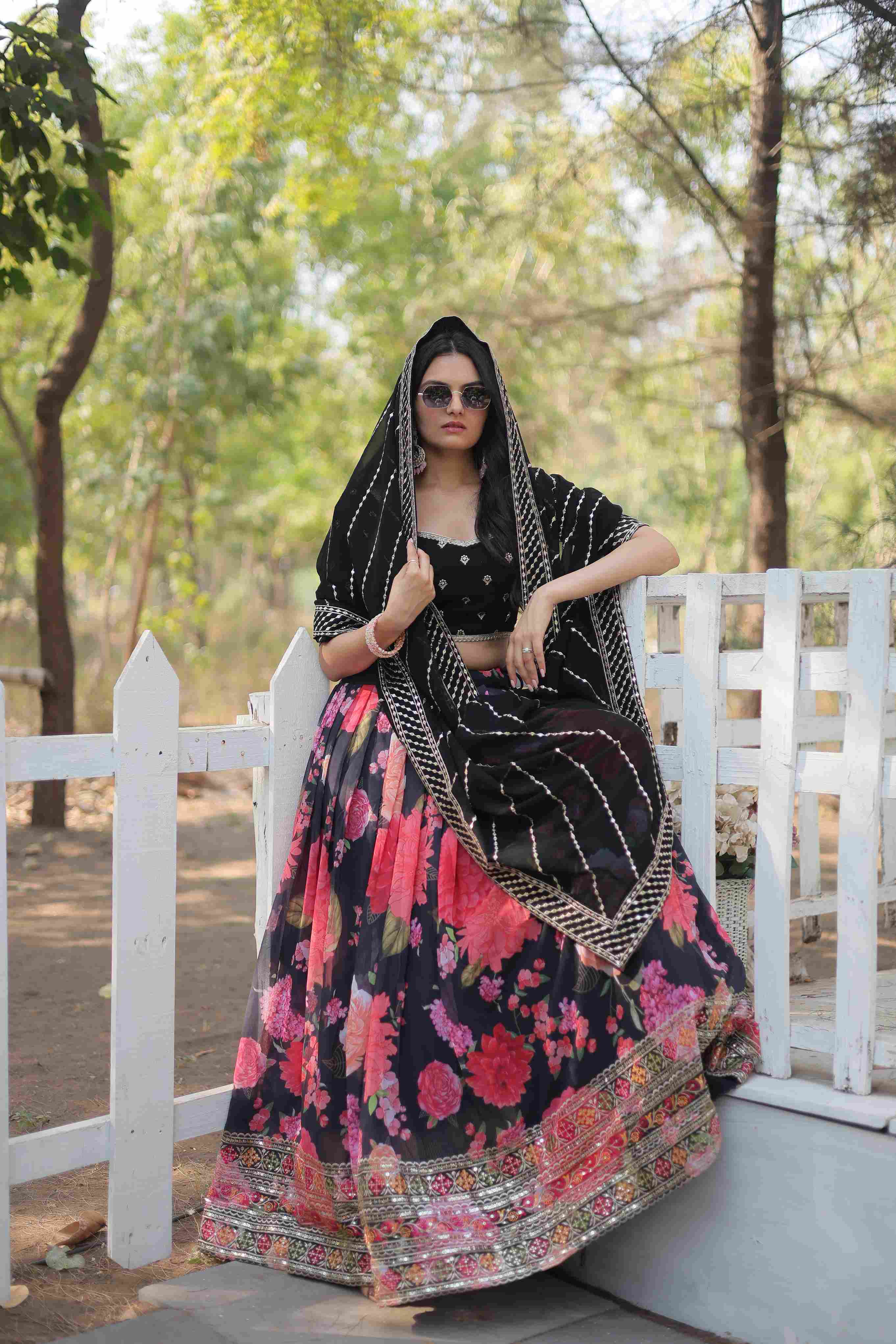 Black Faux Georgette Printed Sequins Embroidered Lehenga Choli