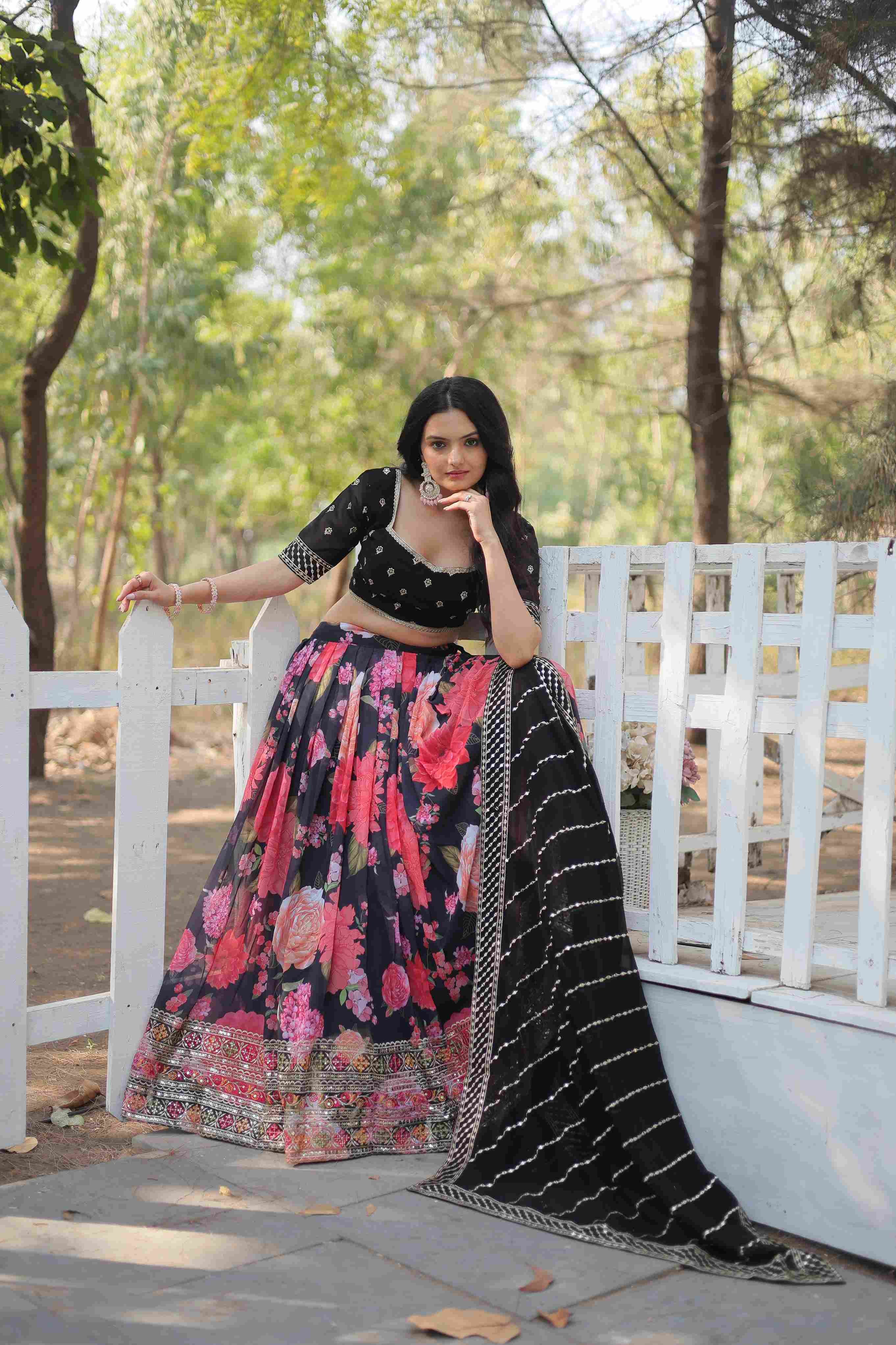 Black Faux Georgette Printed Sequins Embroidered Lehenga Choli