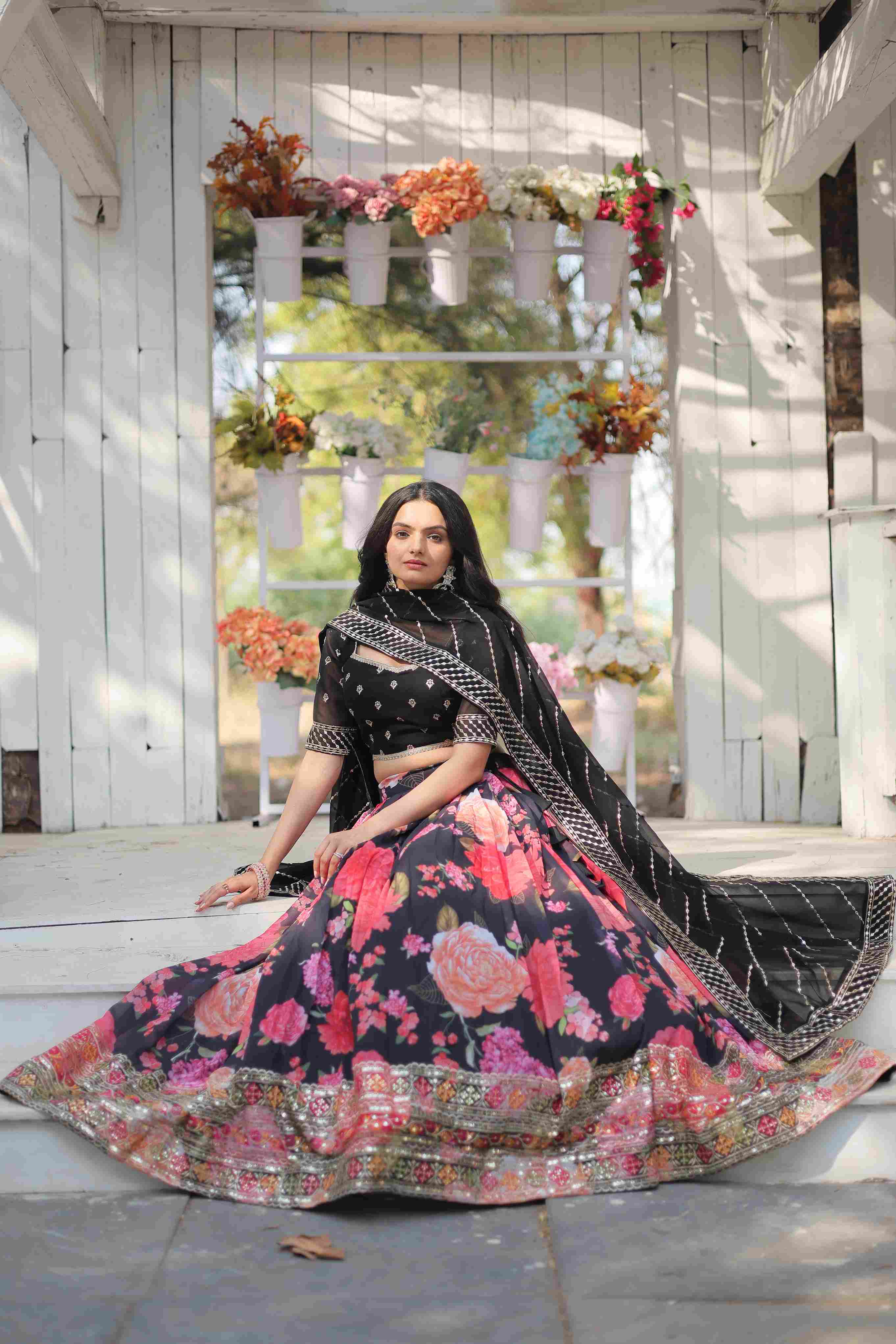 Black Faux Georgette Printed Sequins Embroidered Lehenga Choli