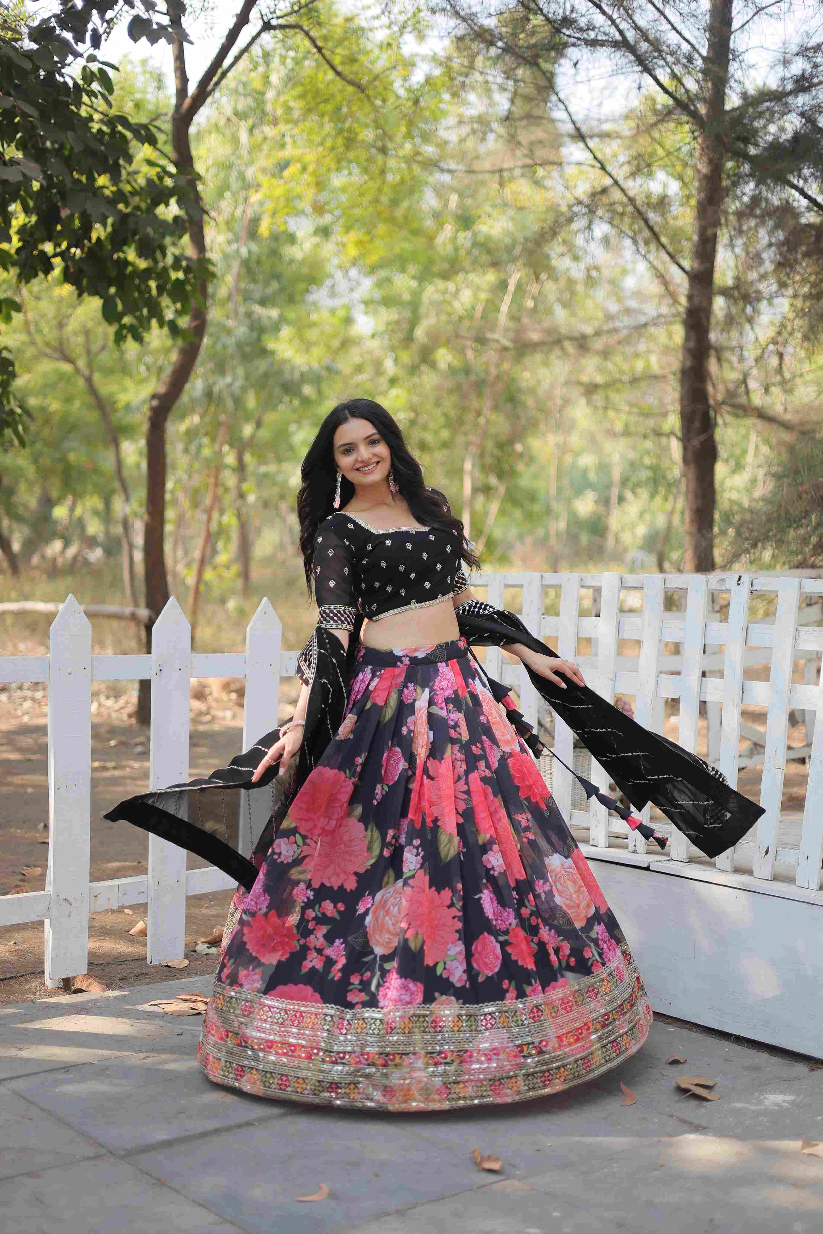 Black Faux Georgette Printed Sequins Embroidered Lehenga Choli