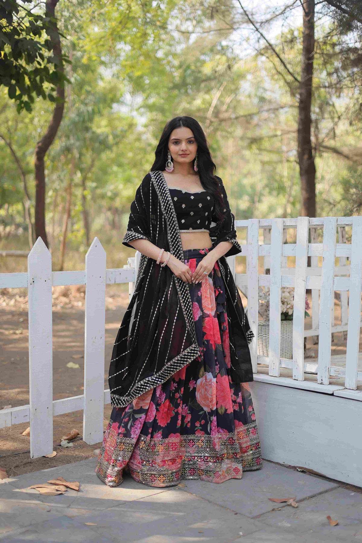 Black Faux Georgette Printed Sequins Embroidered Lehenga Choli