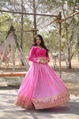 Pink Ready to Wear Viscose Jacquard Kalamkari Lehenga Choli Without Dupatta