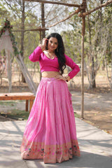 Pink Ready to Wear Viscose Jacquard Kalamkari Lehenga Choli Without Dupatta