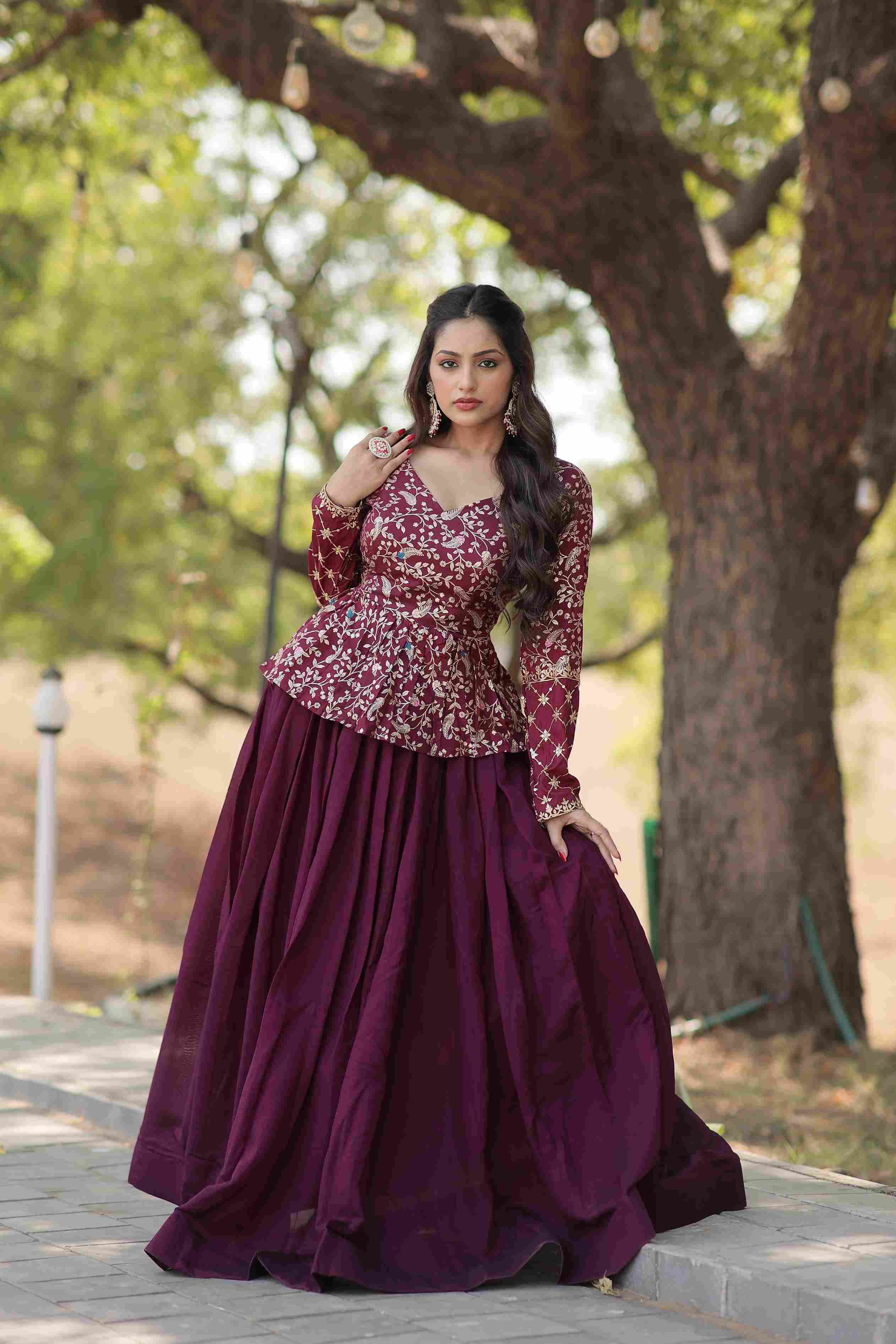 Wine Ready to Wear Vichitra Jacquard Embroidered Lehenga Choli Without Dupatta