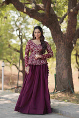 Wine Ready to Wear Vichitra Jacquard Embroidered Lehenga Choli Without Dupatta