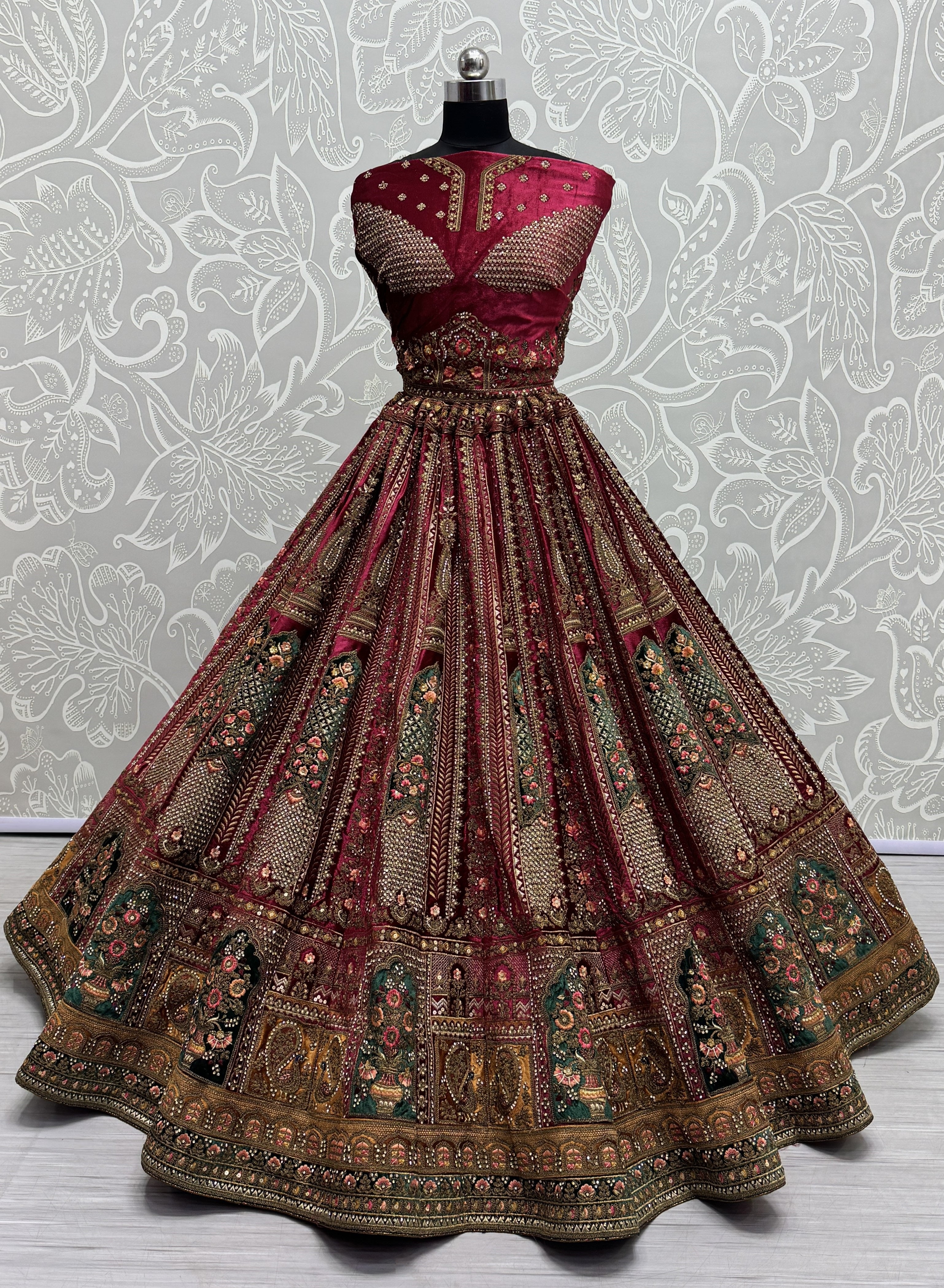 Pink Velvet Sequins Embroidered Bridal Lehenga Choli