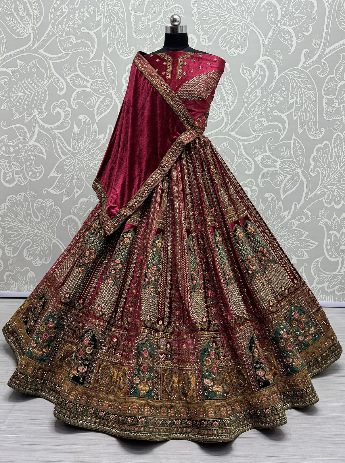 Pink Velvet Sequins Embroidered Bridal Lehenga Choli