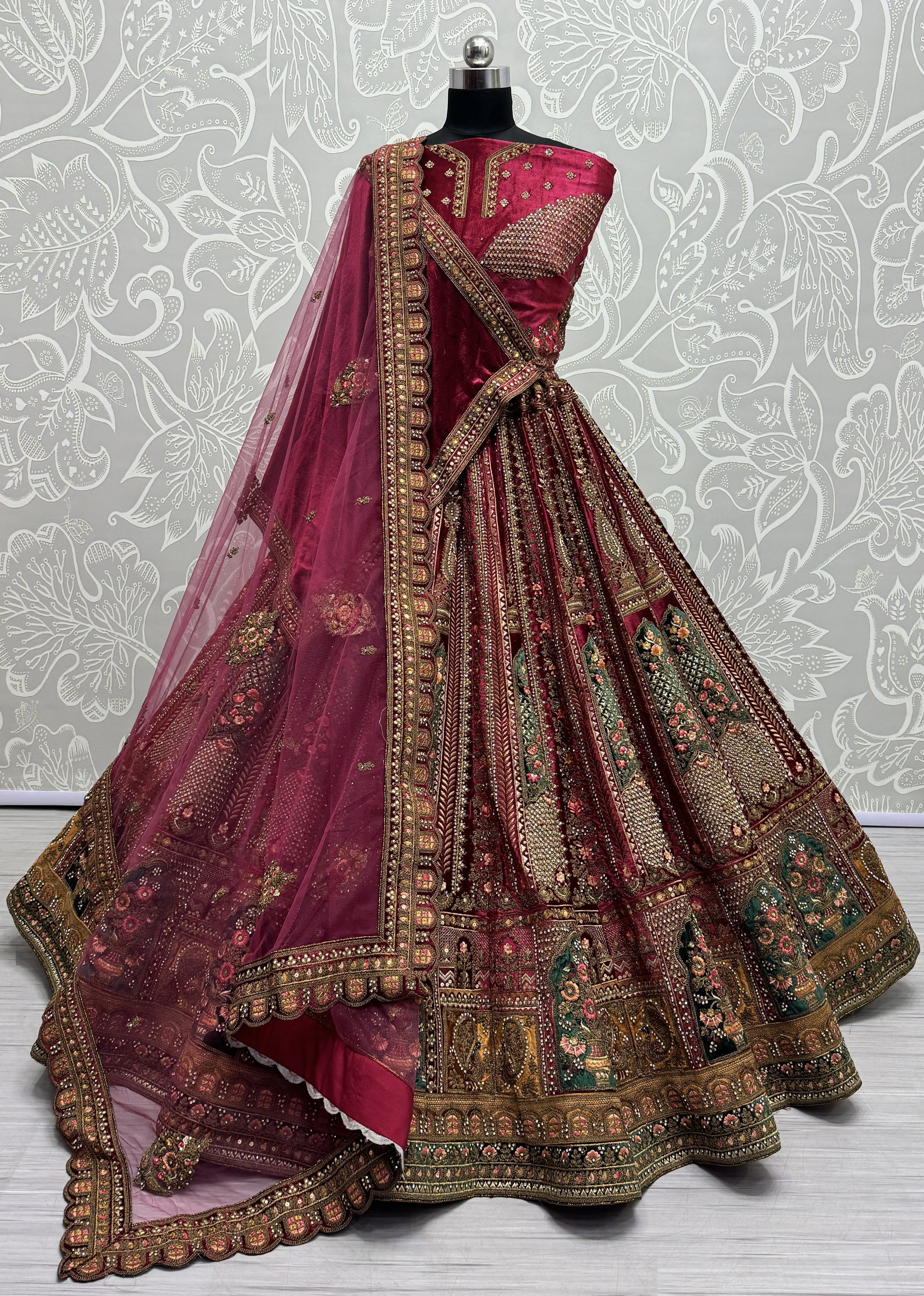 Pink Velvet Sequins Embroidered Bridal Lehenga Choli