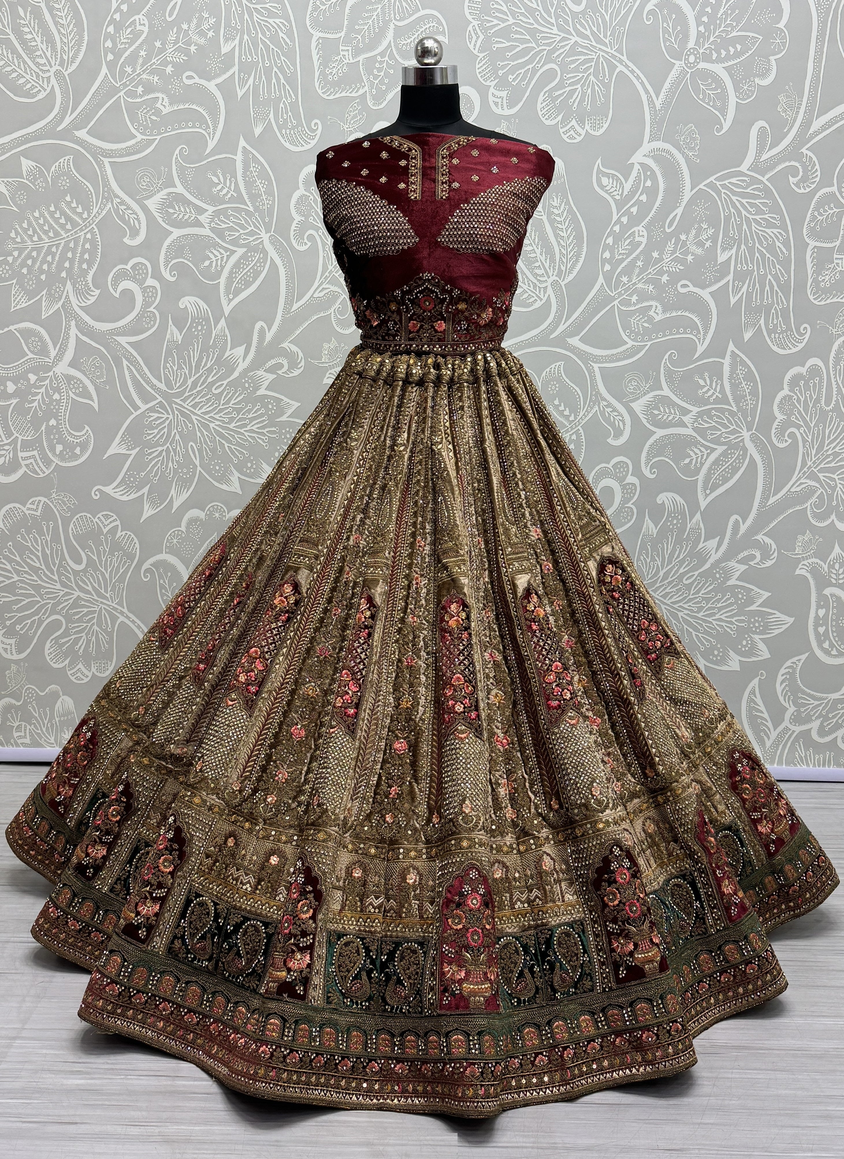 Beige Velvet Sequins Embroidered Bridal Lehenga Choli