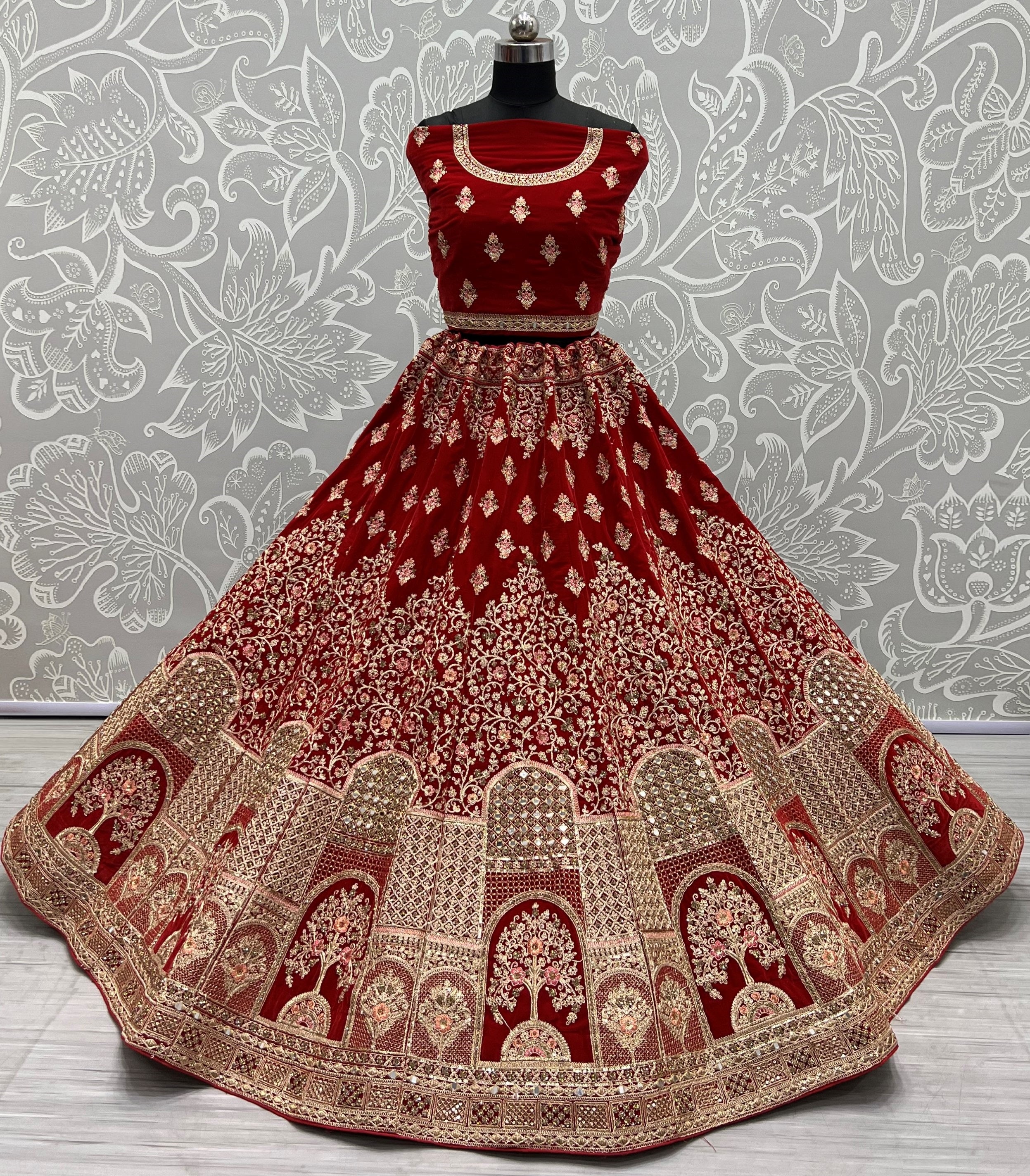 Red Velvet Mirror Embroidered Bridal Lehenga Choli