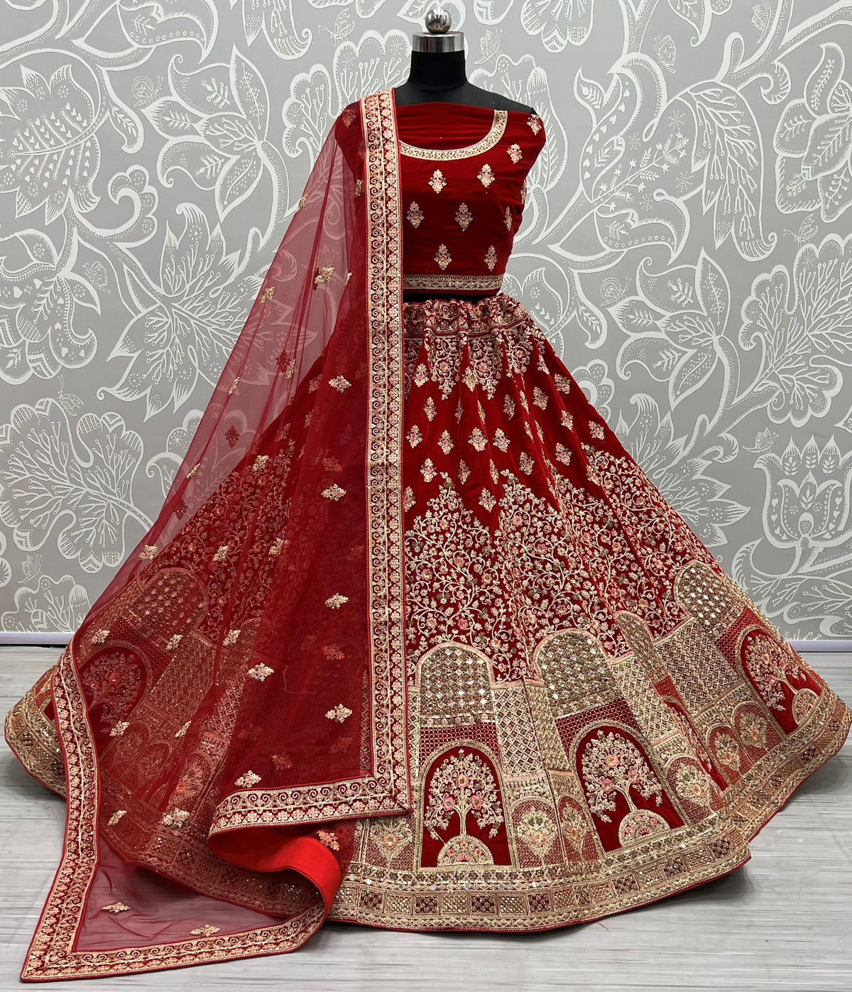 Red Velvet Mirror Embroidered Bridal Lehenga Choli