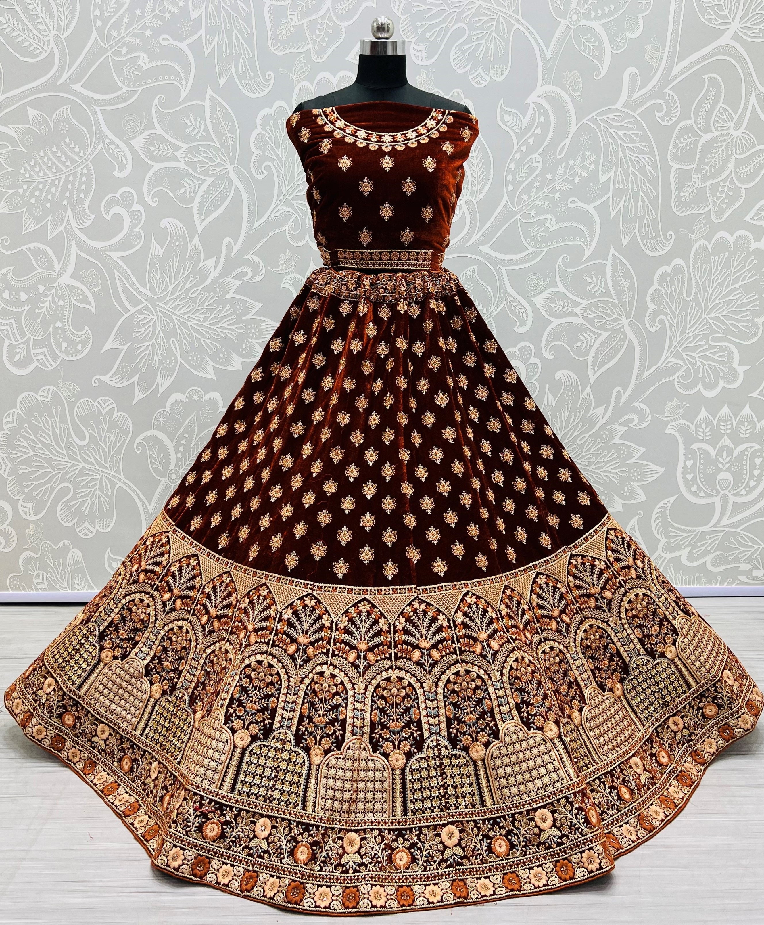 Coffee Velvet Sequins Embroidered Bridal Lehenga Choli