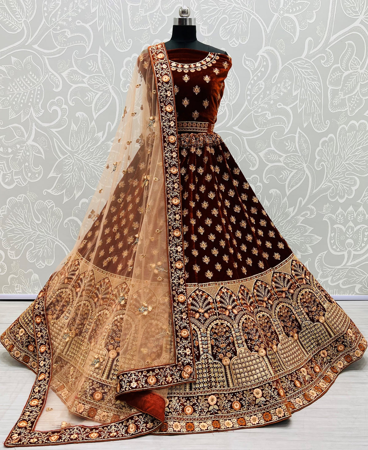 Coffee Velvet Sequins Embroidered Bridal Lehenga Choli