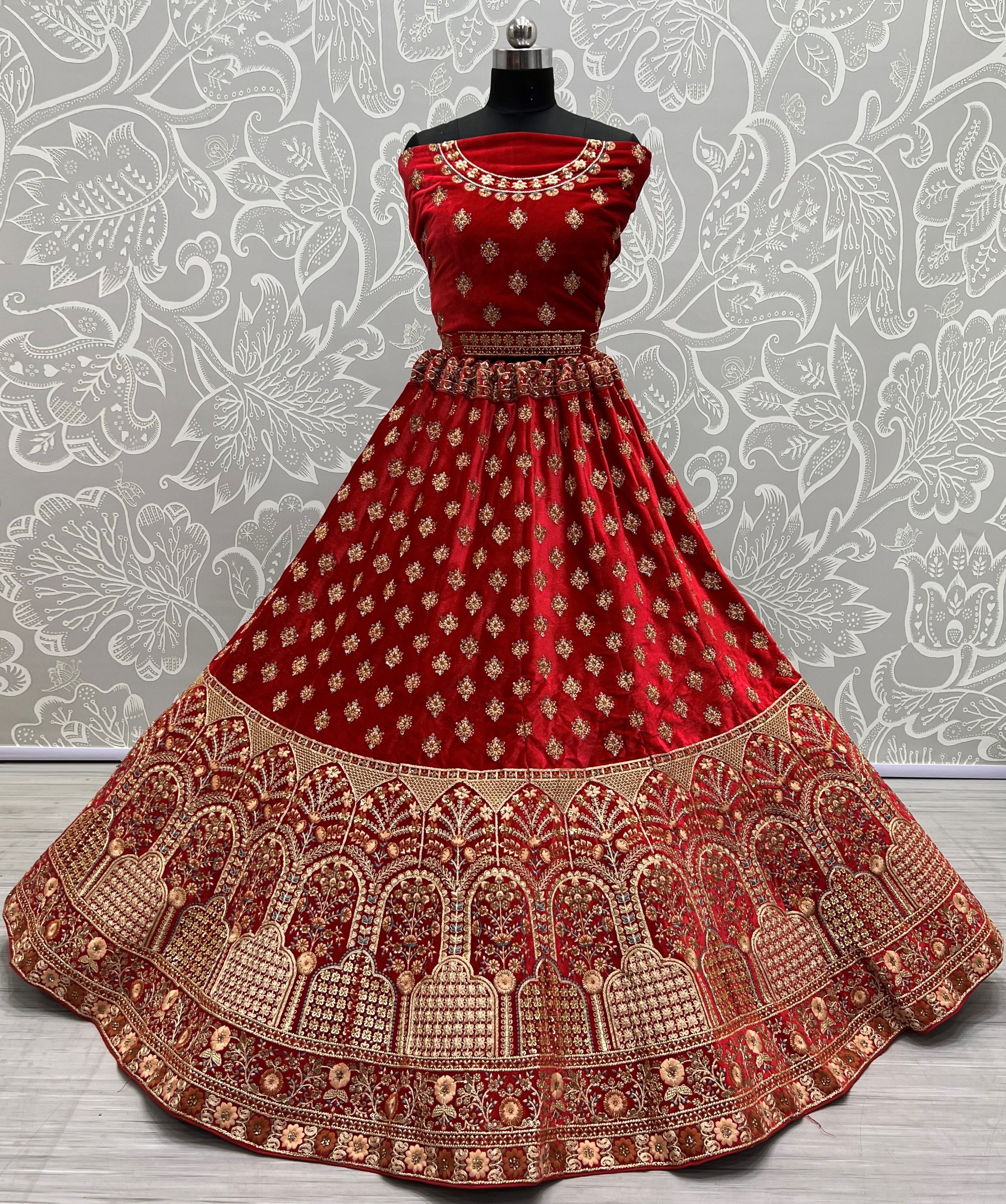 Red Velvet Sequins Embroidered Bridal Lehenga Choli