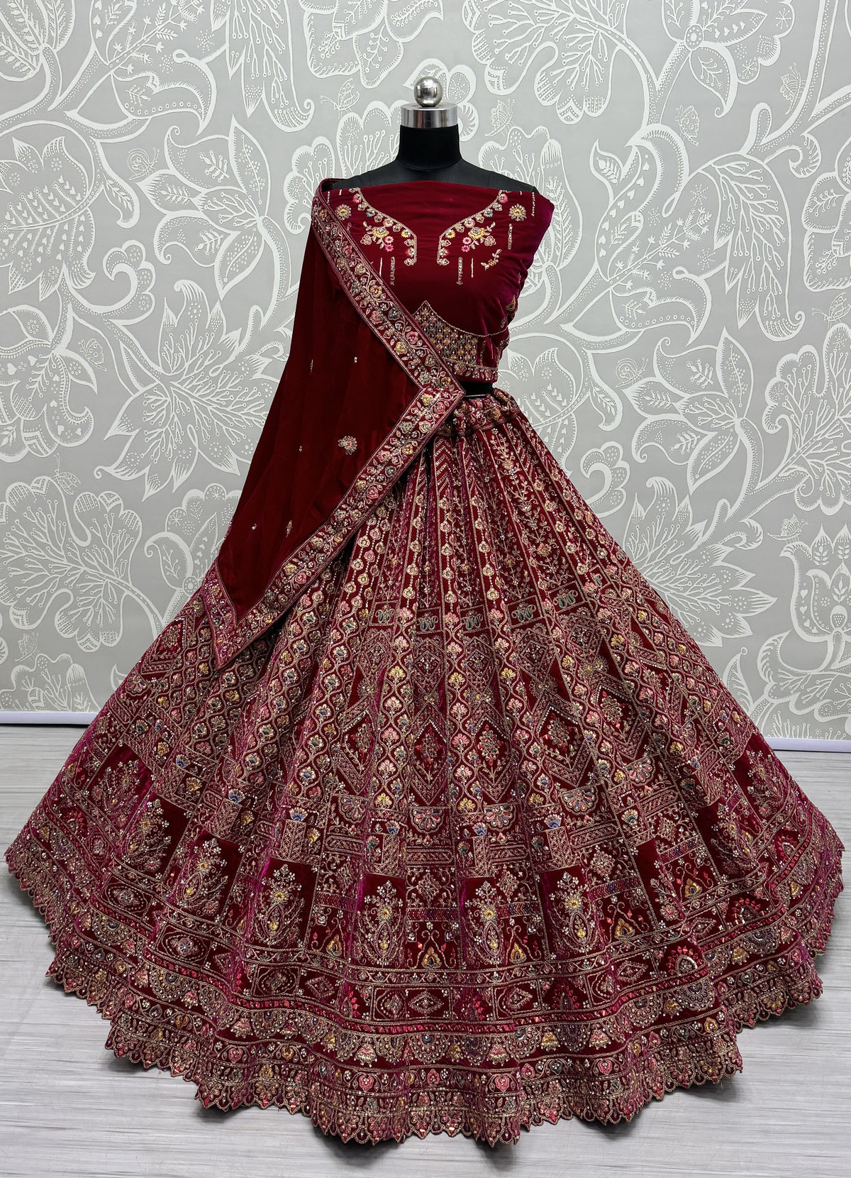 Pink Velvet Sequins Thread Embroidered Bridal Lehenga Choli