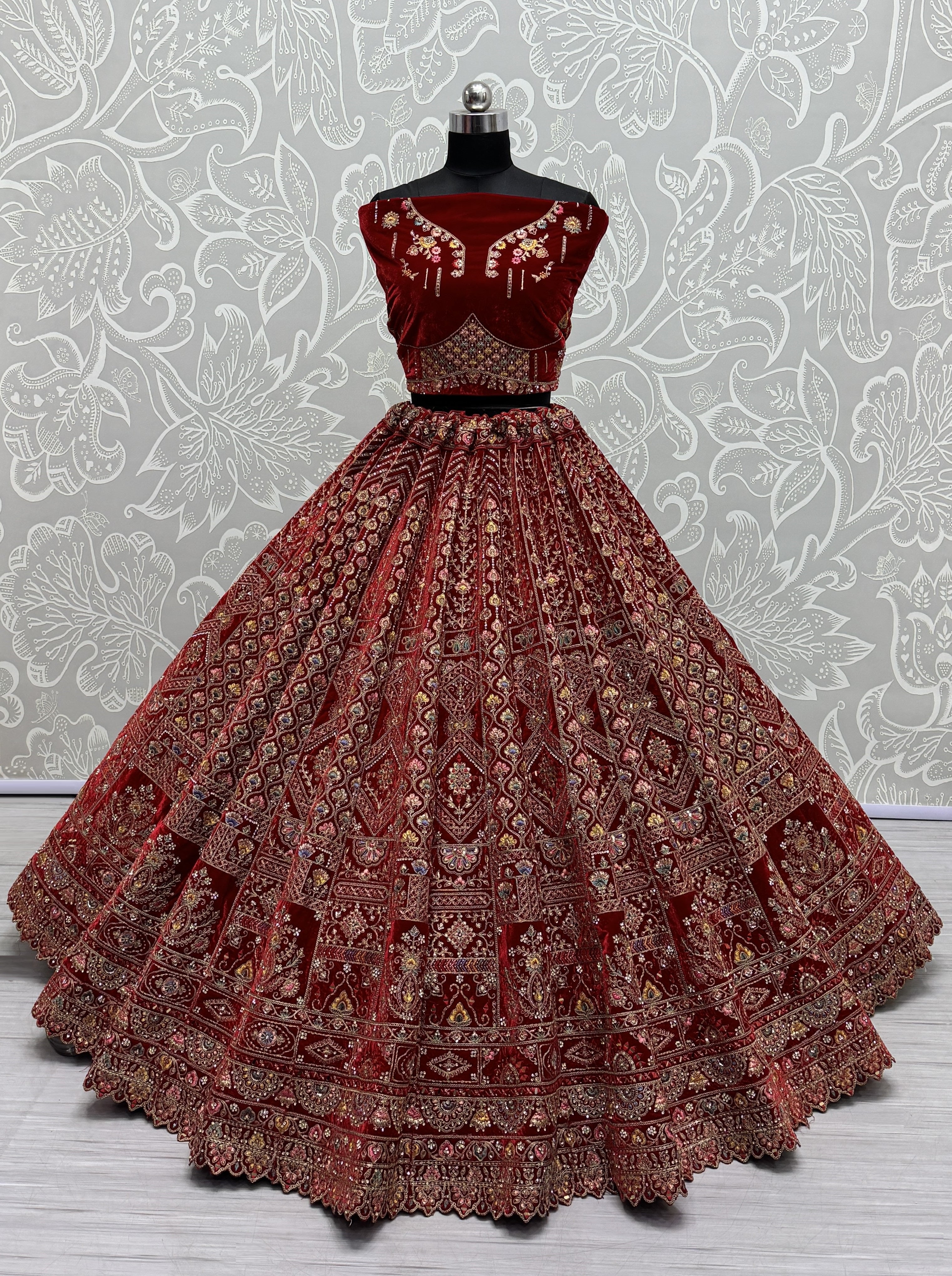 Red Velvet Sequins Embroidered Bridal Lehenga Choli