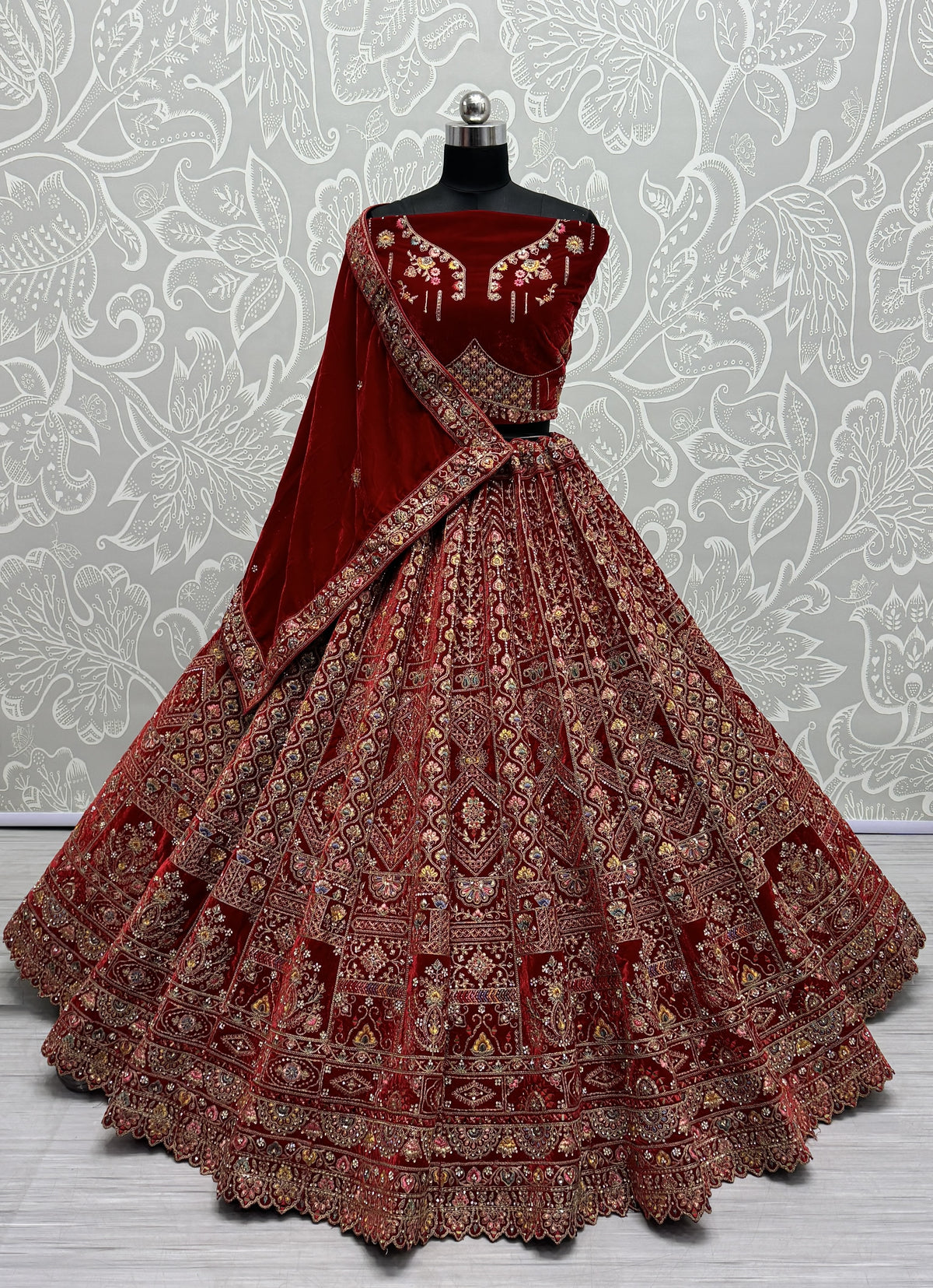 Red Velvet Sequins Embroidered Bridal Lehenga Choli