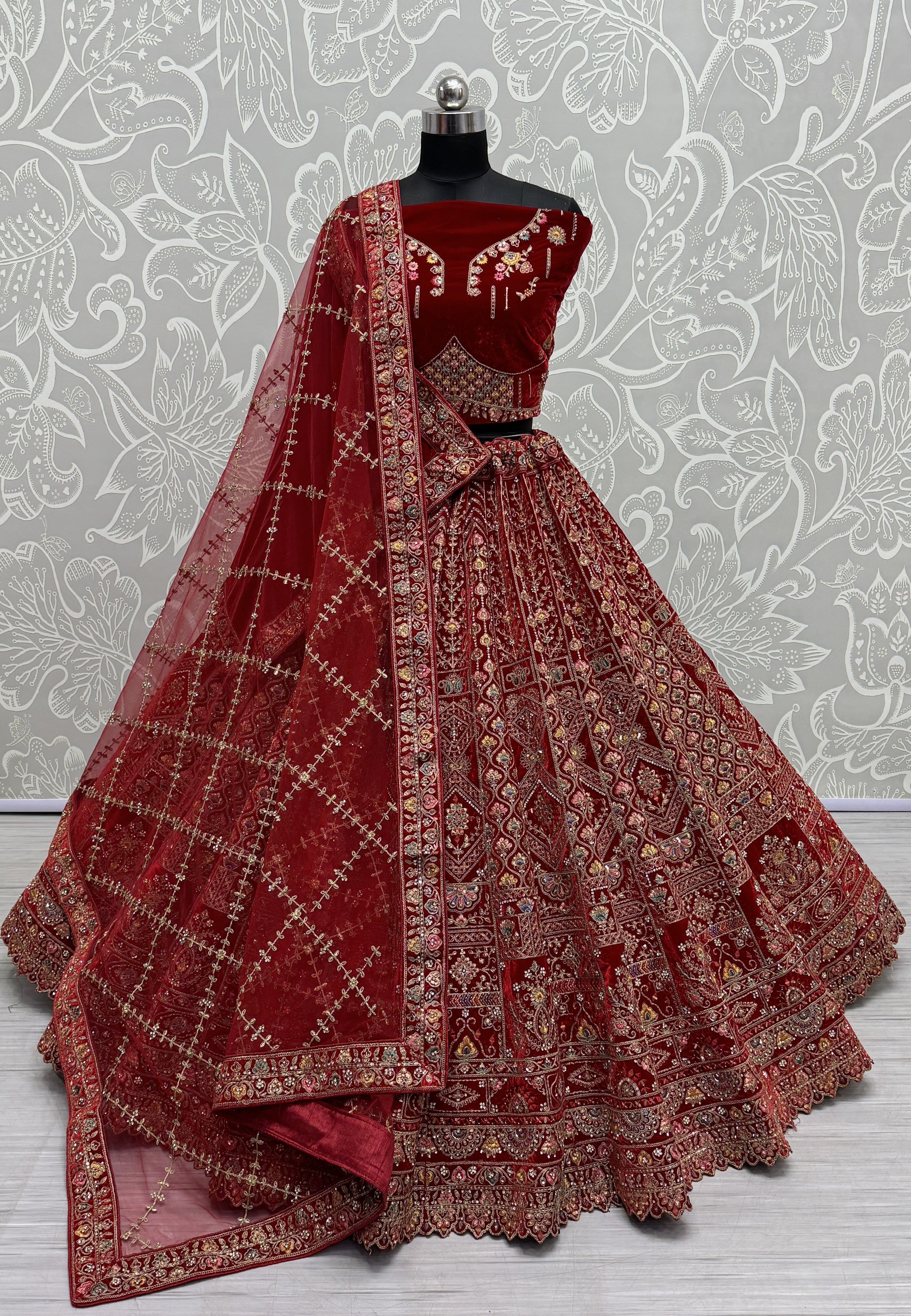 Red Velvet Sequins Embroidered Bridal Lehenga Choli