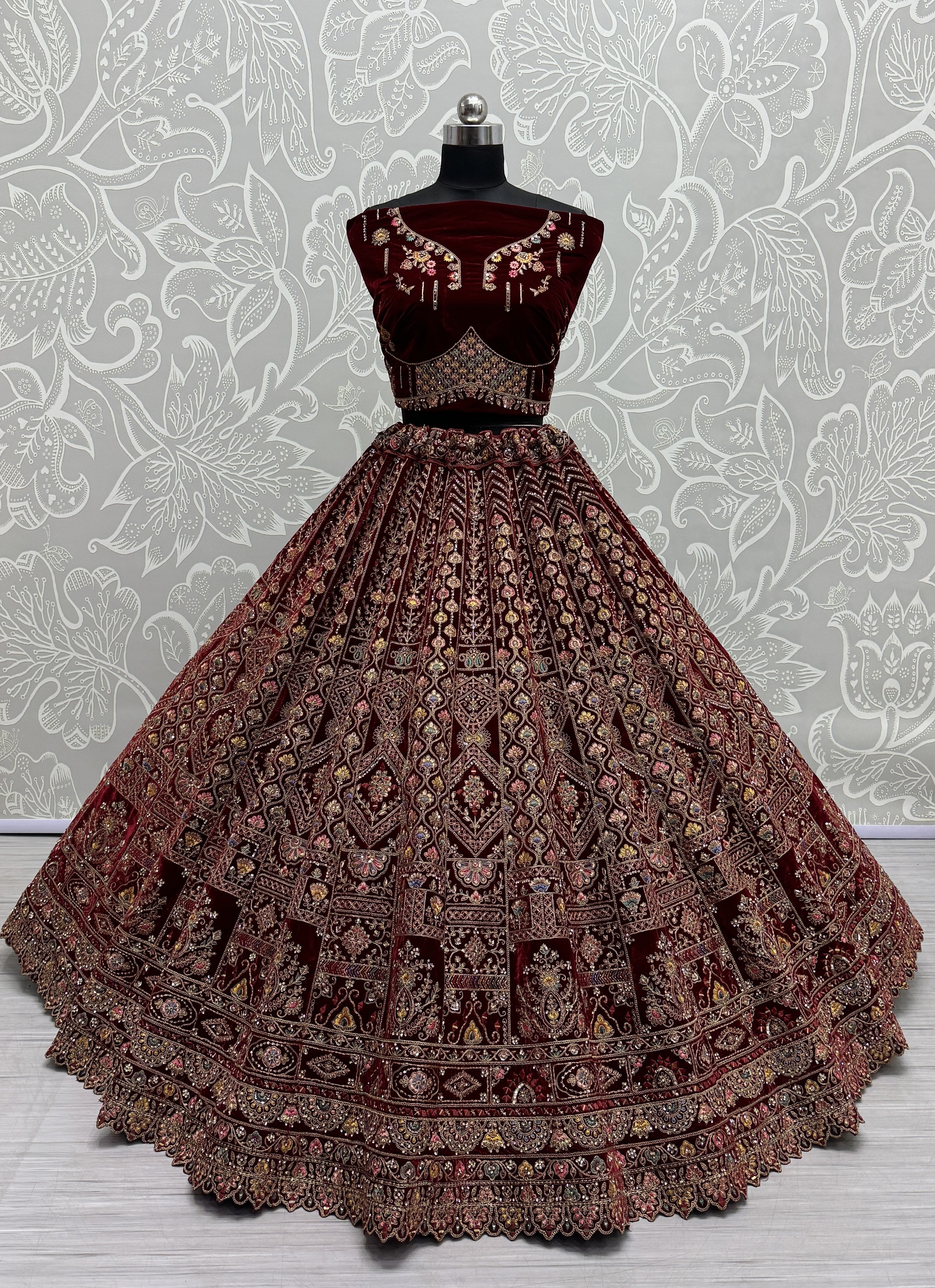 Maroon Velvet Sequins Embroidered Bridal Lehenga Choli