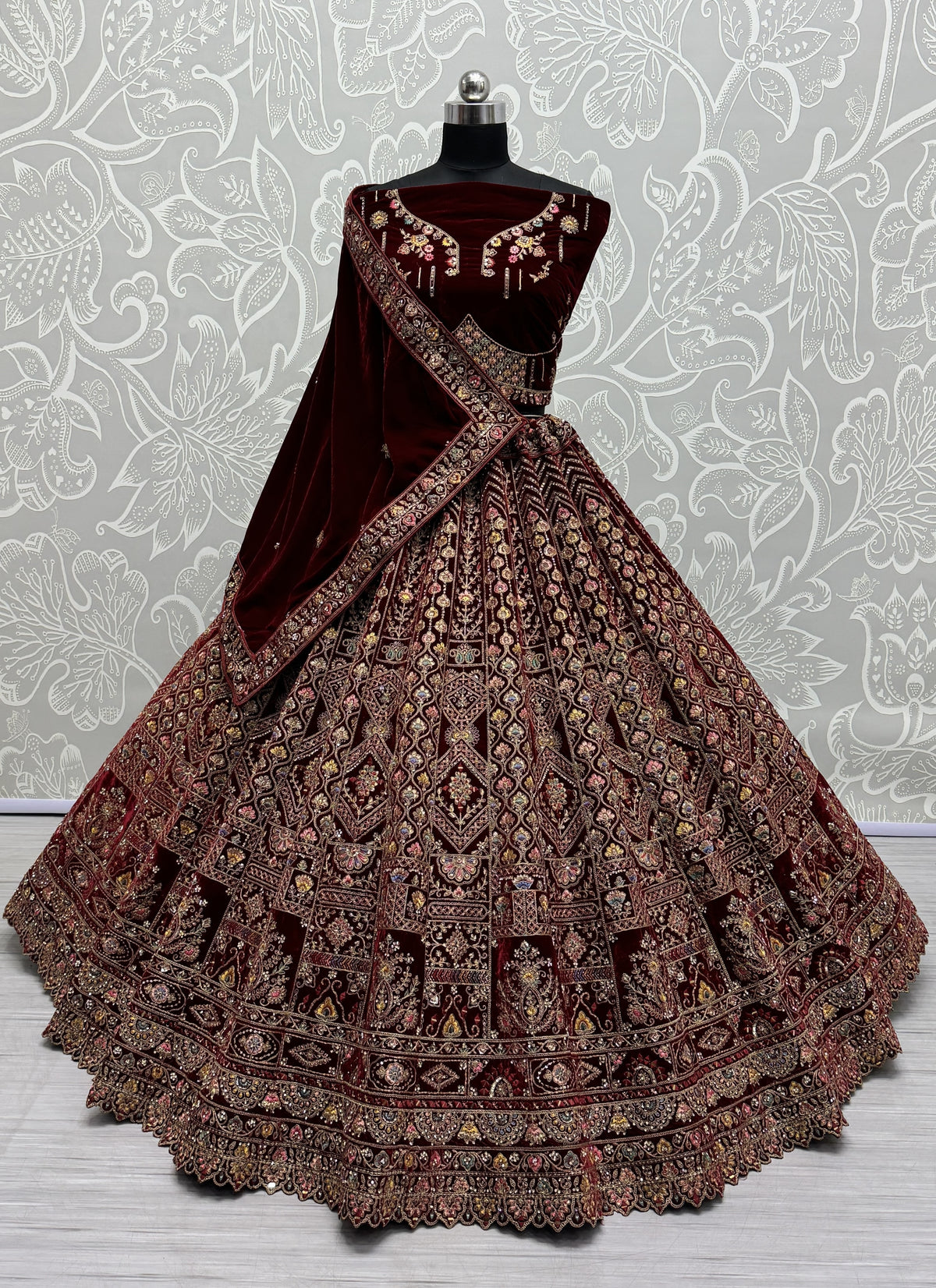 Maroon Velvet Sequins Embroidered Bridal Lehenga Choli