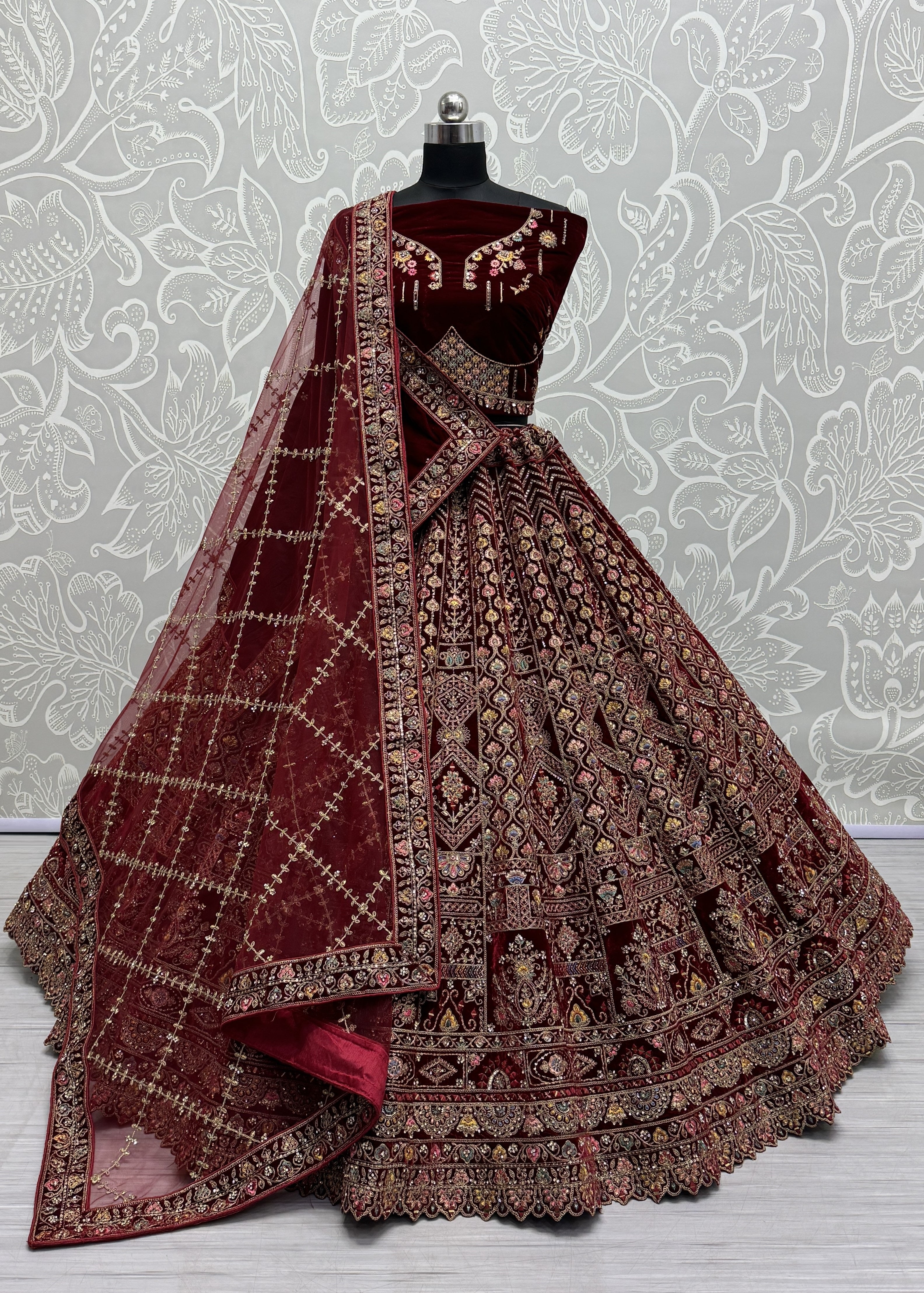 Maroon Velvet Sequins Embroidered Bridal Lehenga Choli