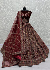 Maroon Velvet Sequins Embroidered Bridal Lehenga Choli