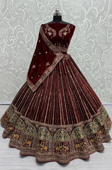 Maroon Velvet Sequins Thread Embroidered Bridal Lehenga Choli