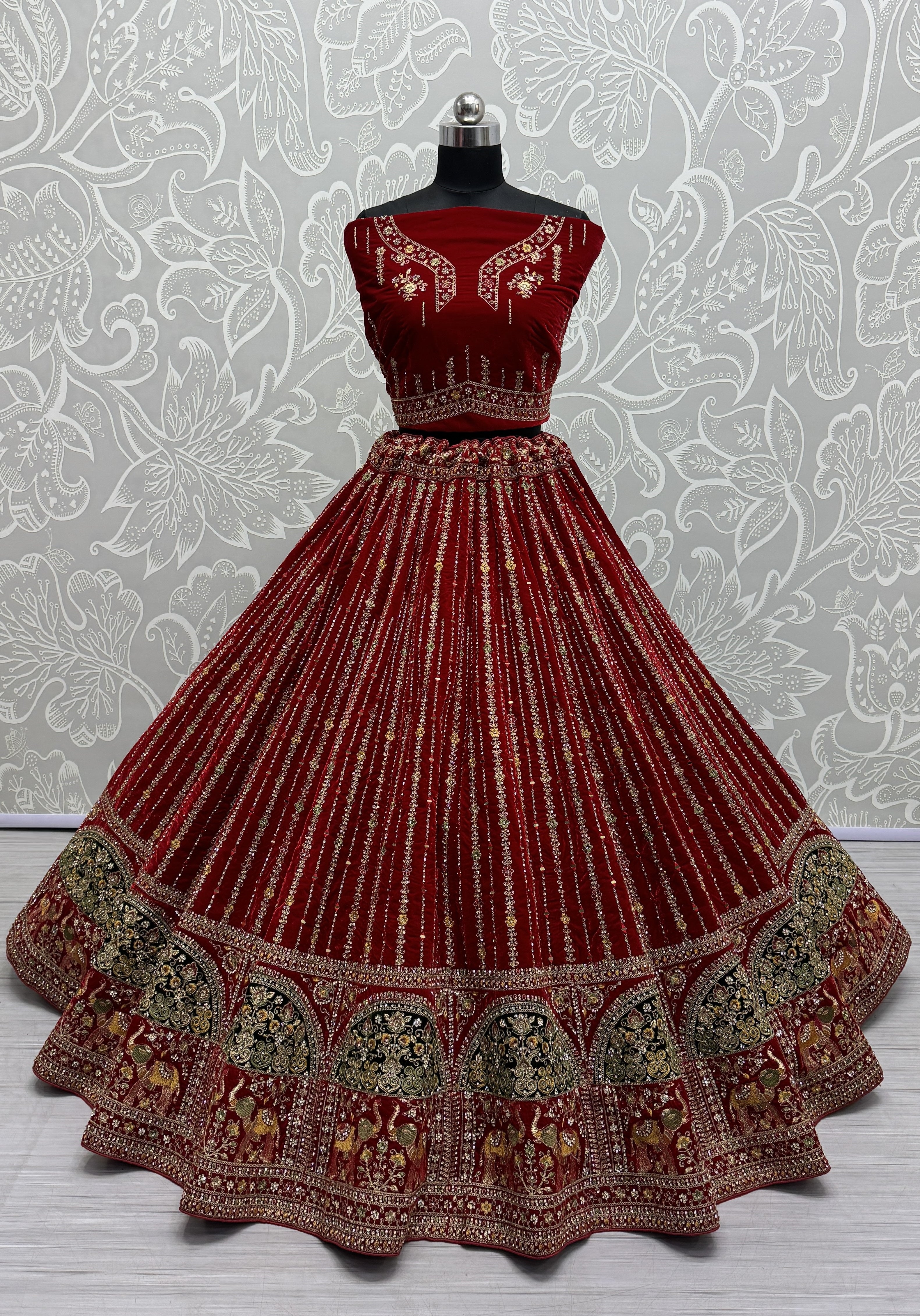 Red Velvet Sequins Embroidered Bridal Lehenga Choli