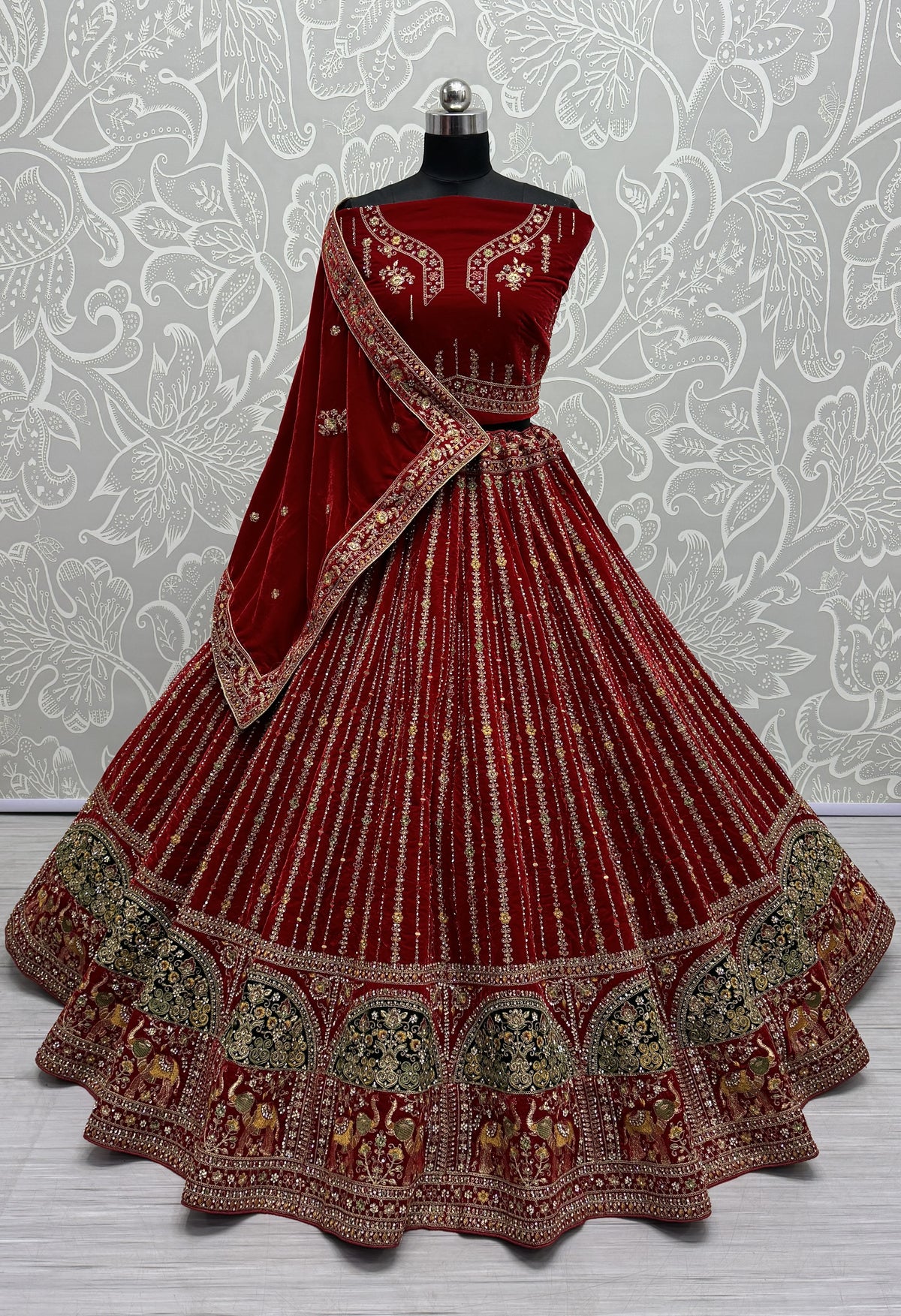 Red Velvet Sequins Embroidered Bridal Lehenga Choli