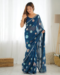 Teal Blue Faux Georgette Sequins Embroidered Saree