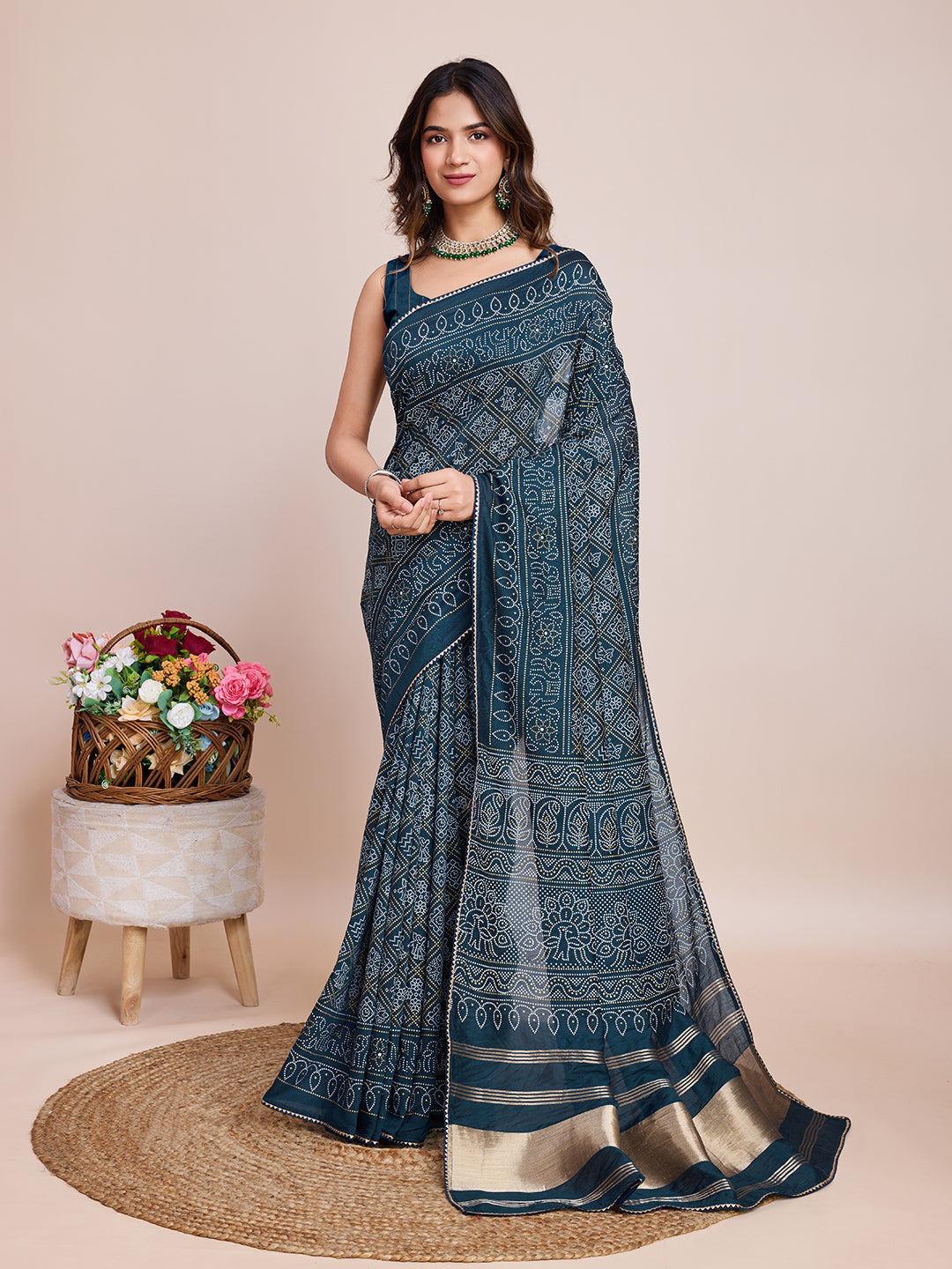 Sari tissé Bandhani en soie et coton bleu